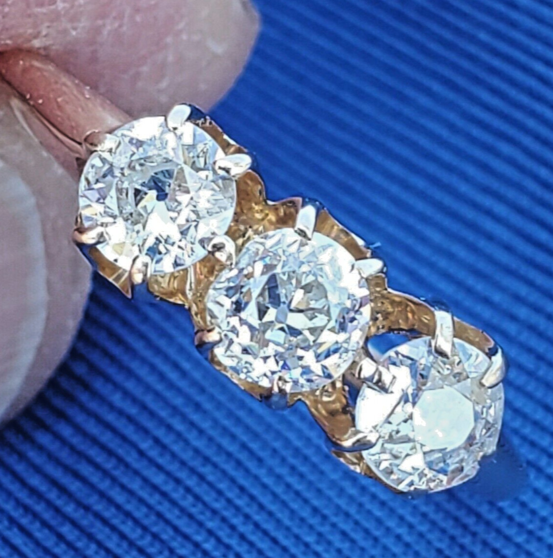 Original EARTH MINED DIAMOND 3 stone Deco Anniversary Wedding Ring Antique Band