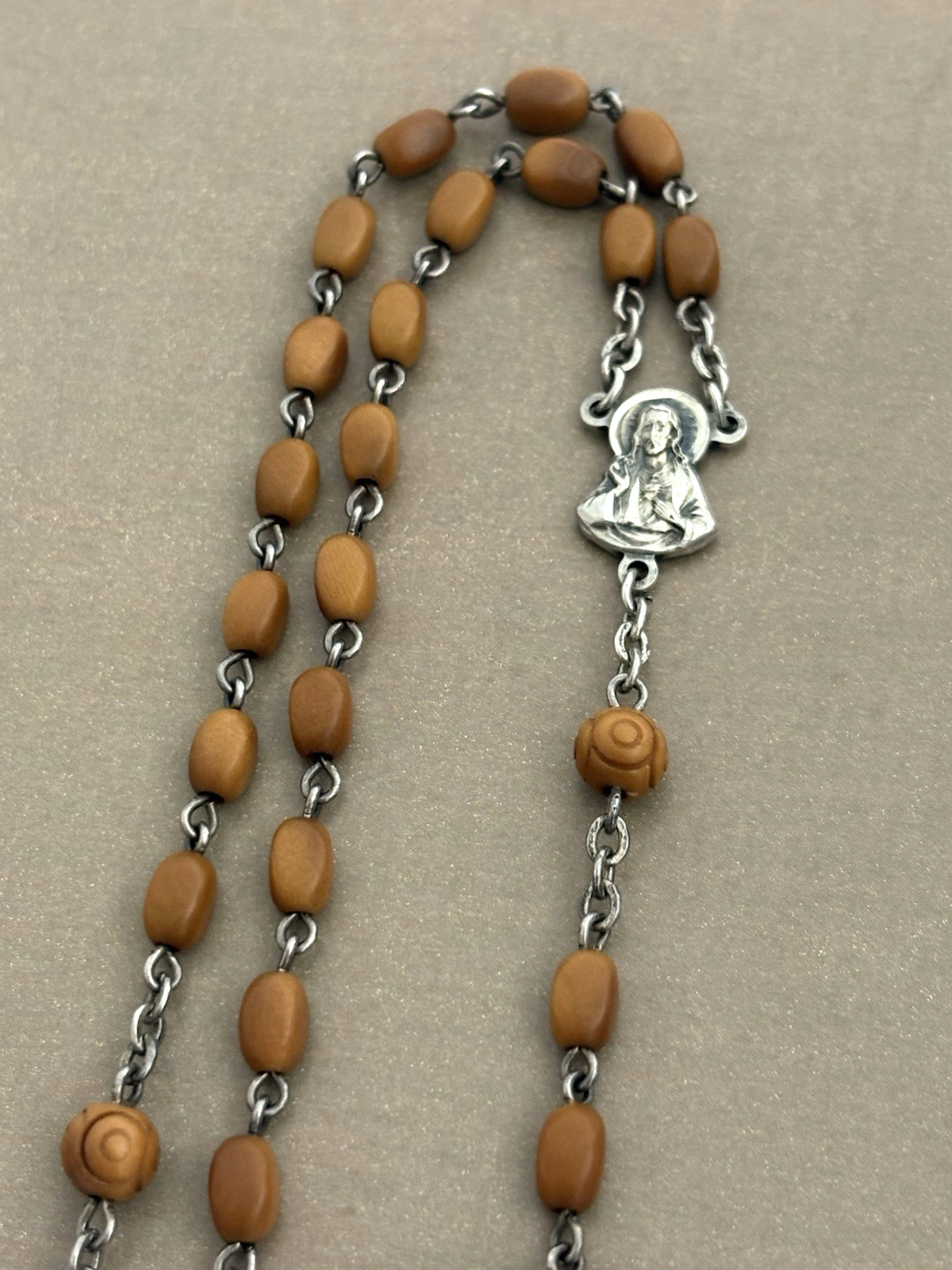 Antique Vintage Sterling Silver 925 ITALY Catholic Rosary Carved Beads Necklace