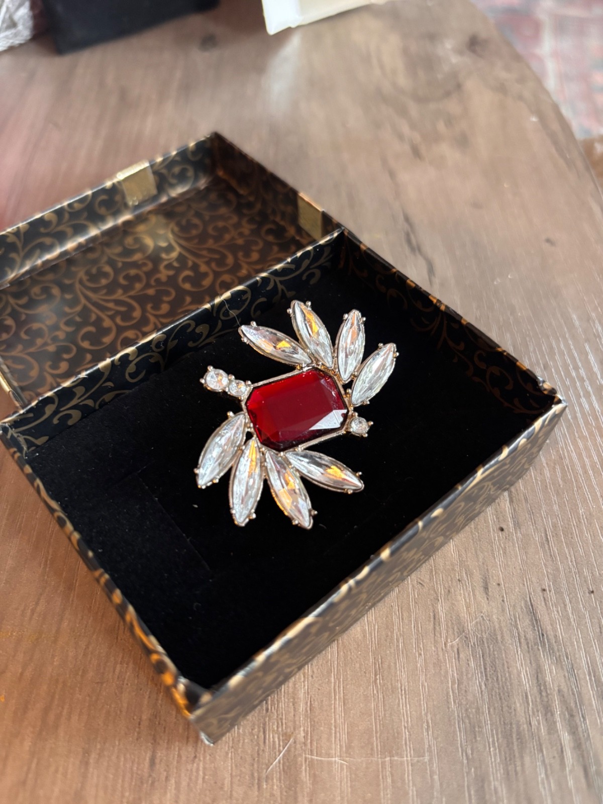 Vintage Silver Tone Brooch Red and Clear Rhinestone Accents