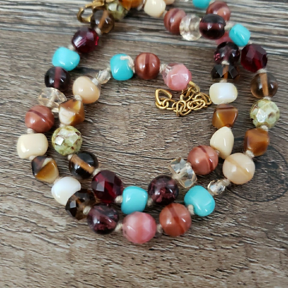 VTG Multi Polished Gemstone Necklace 16.5″ Knotted Faceted Glass Agate