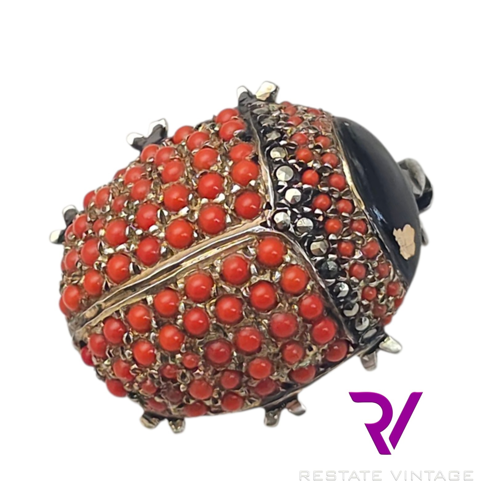 Vintage Germany US Zone Sterling Seed Coral Marcasite Ladybug Brooch