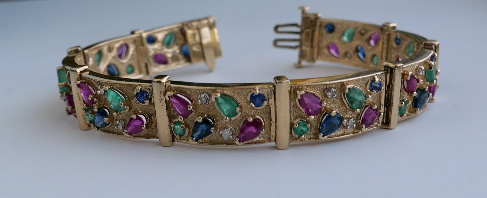 Vintage 14K Yellow Gold Ruby Emerald Sapphire Diamond Link Bracelet 7.25”