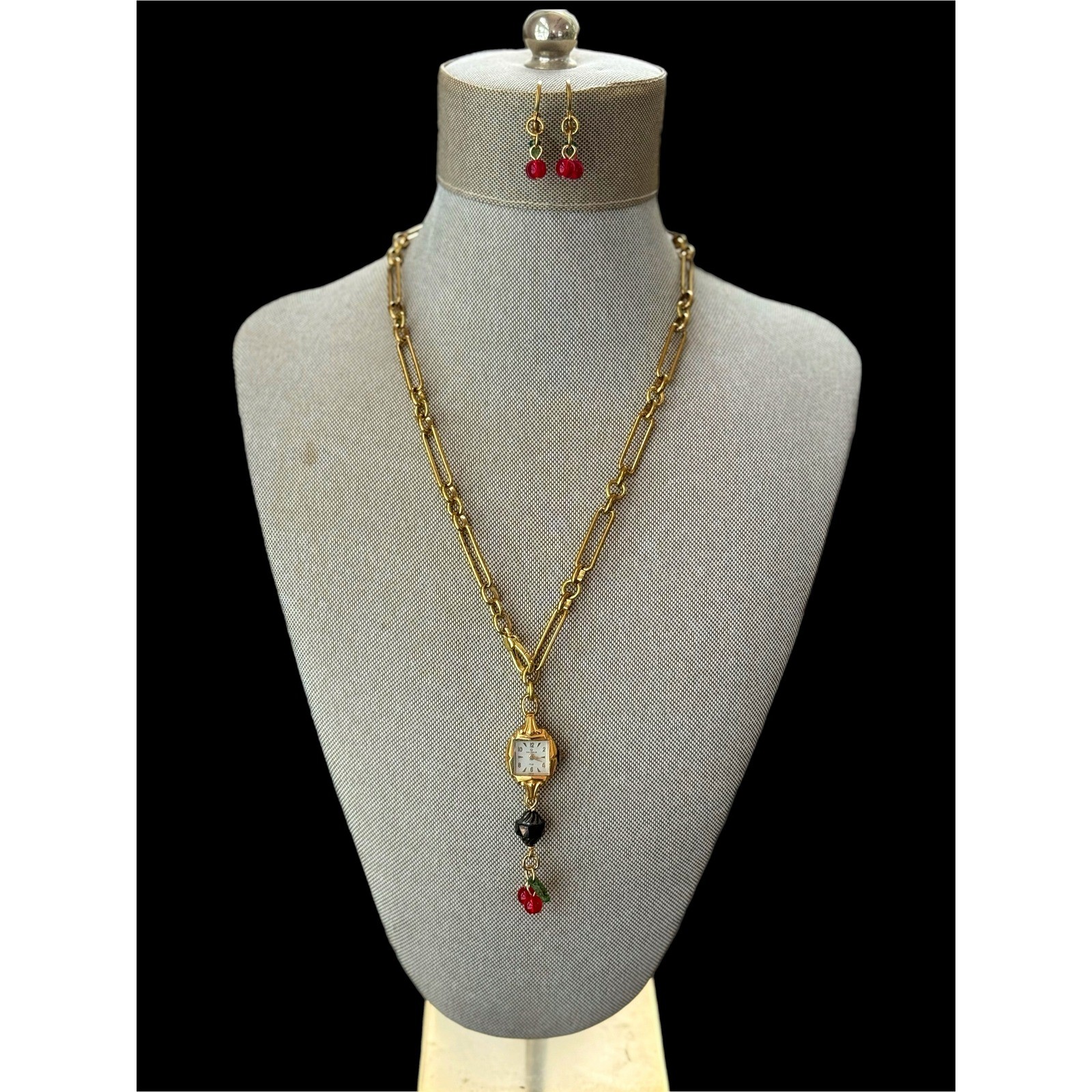 Victorian Raw Brass Necklace w/ Vintage Watch & Cherry Earrings Set