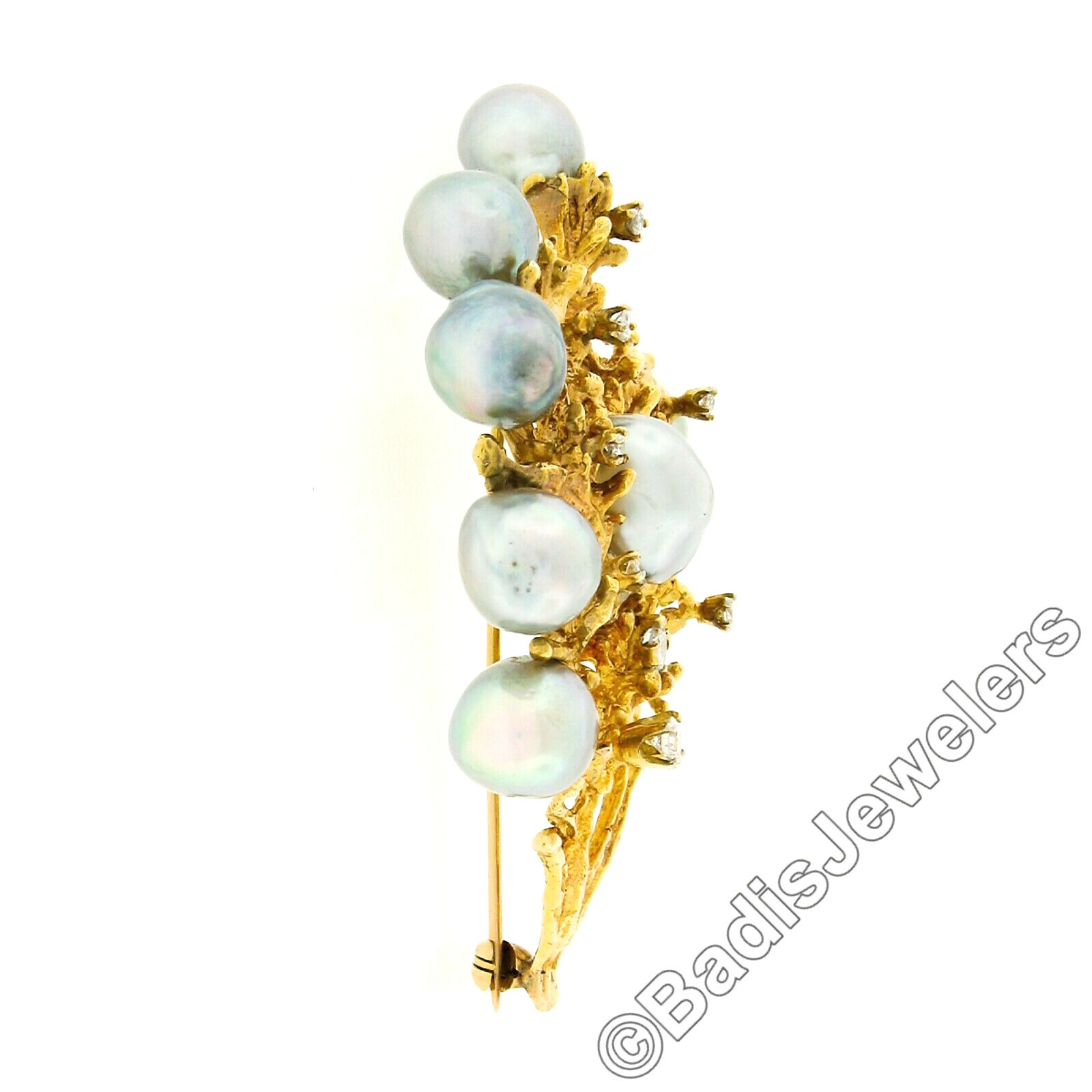 Vintage Textured 14K Gold Gray Pearl Diamond Freeform Flower Cluster Pin Brooch