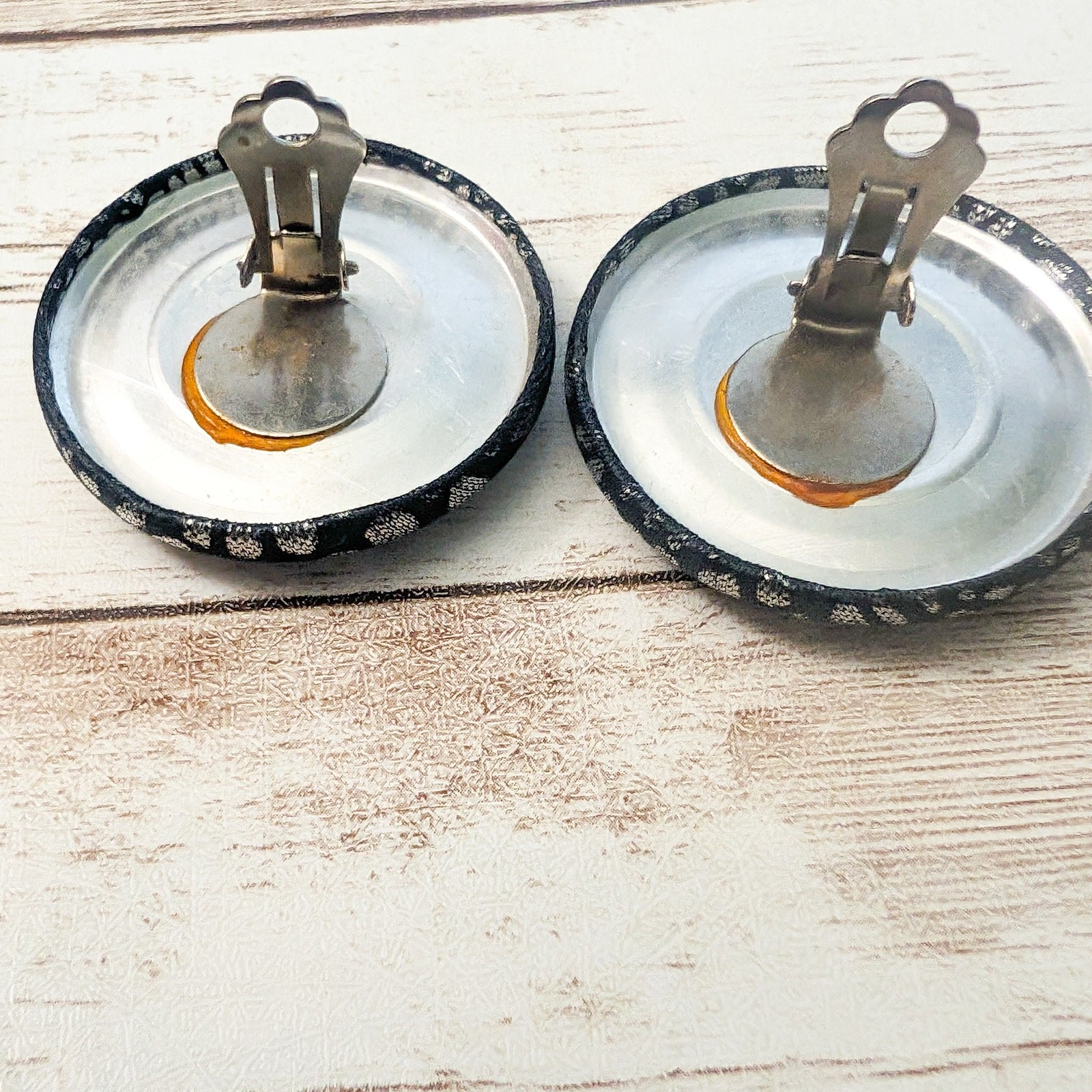 Vintage Clip On Earrings – Large Black with Silver Tone Design