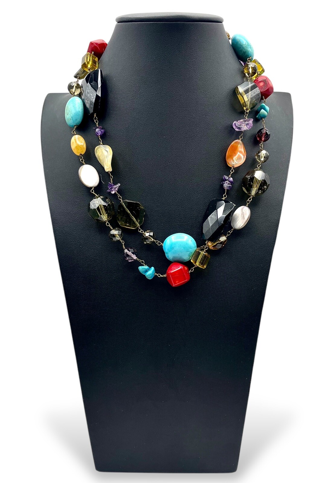 Vintage BOHO STATEMENT Necklace Multi Gemstones MOP Turquoise Etc 41” Fabulous!