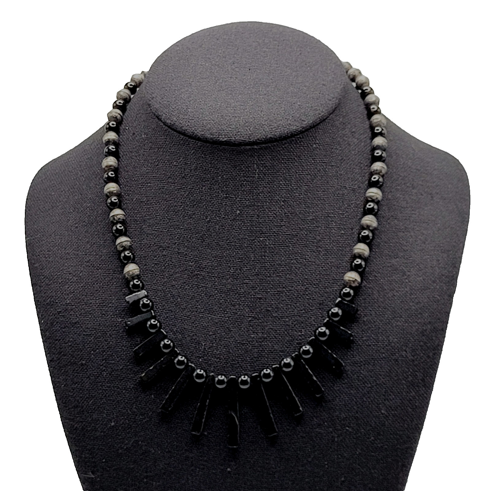 Southwestern Artisan Black Onyx Silver Tone Bead Bib Fringe Vtg Necklace 18 Inch