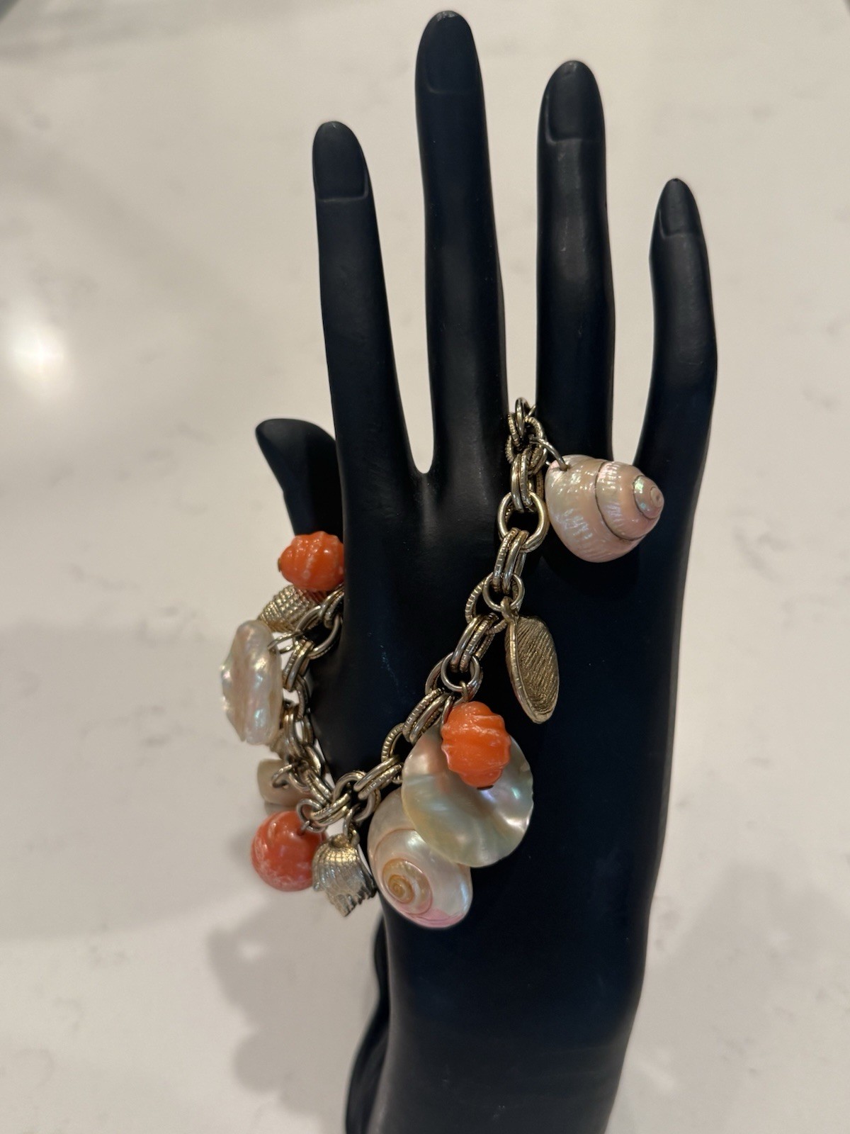 Vintage Coastal Beach Mermaid Seashell Charm Bracelet Goldtone Coral