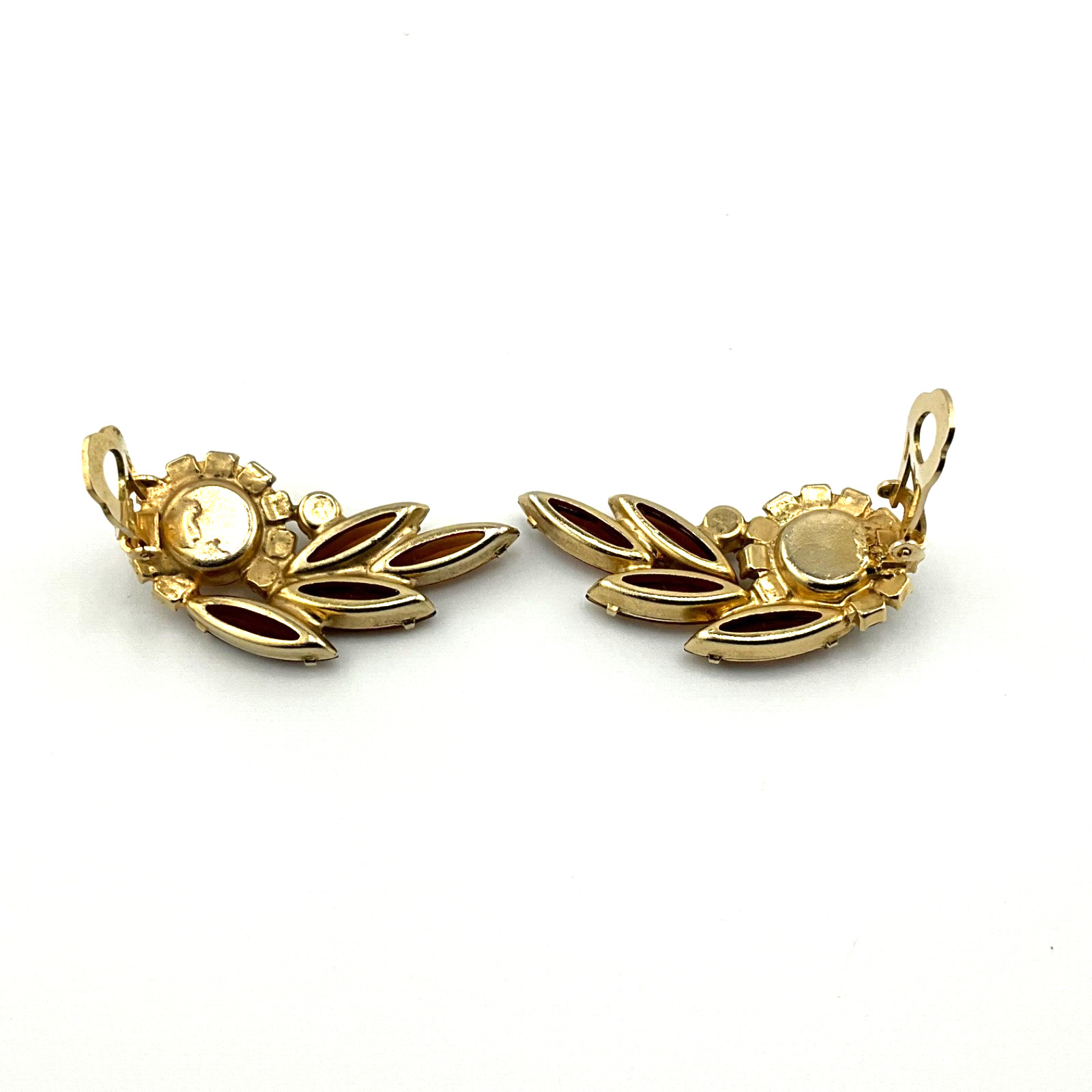 Vintage Mid Century Modern Crystal Clip Earrings Amber Navette Aurora Borealis