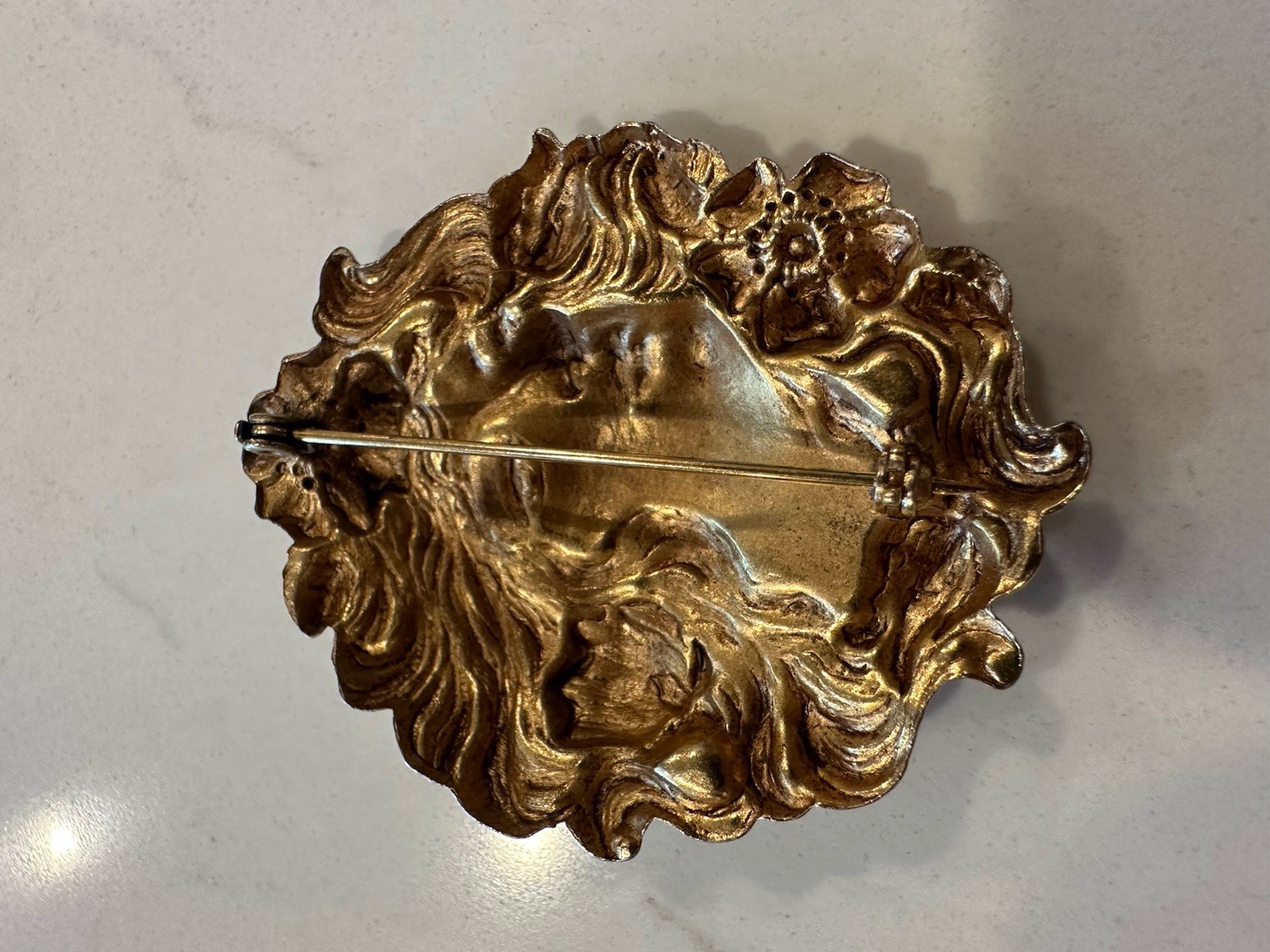 Vntg Art Nouveau/Jugendstil/Brass Woman’s Head Face/Poppy Flower Hair-Brooch/Pin
