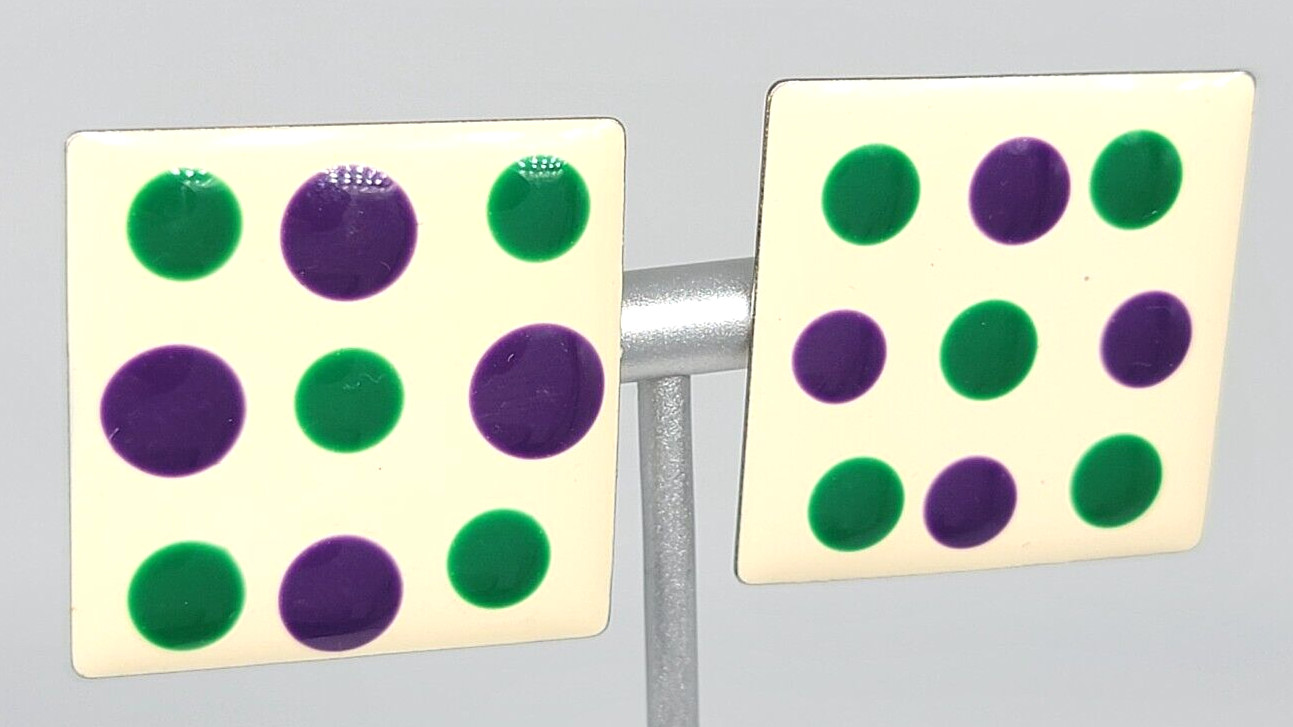 Polka Dot Earrings Purple Green White Enamel Mod Silver Tone Pierced Vintage