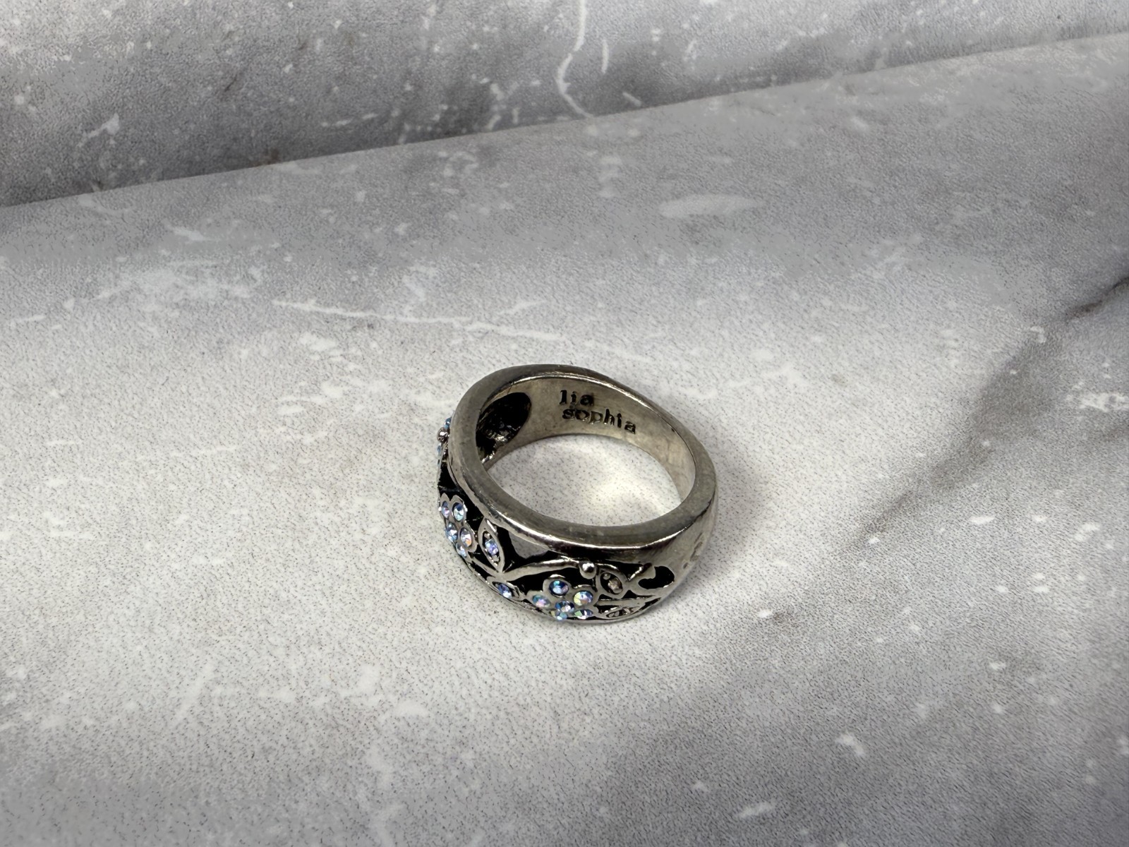 Lia Sophia Garden Party Silver Tone Blue AB Rhinestone Flower Ring Size 7.5