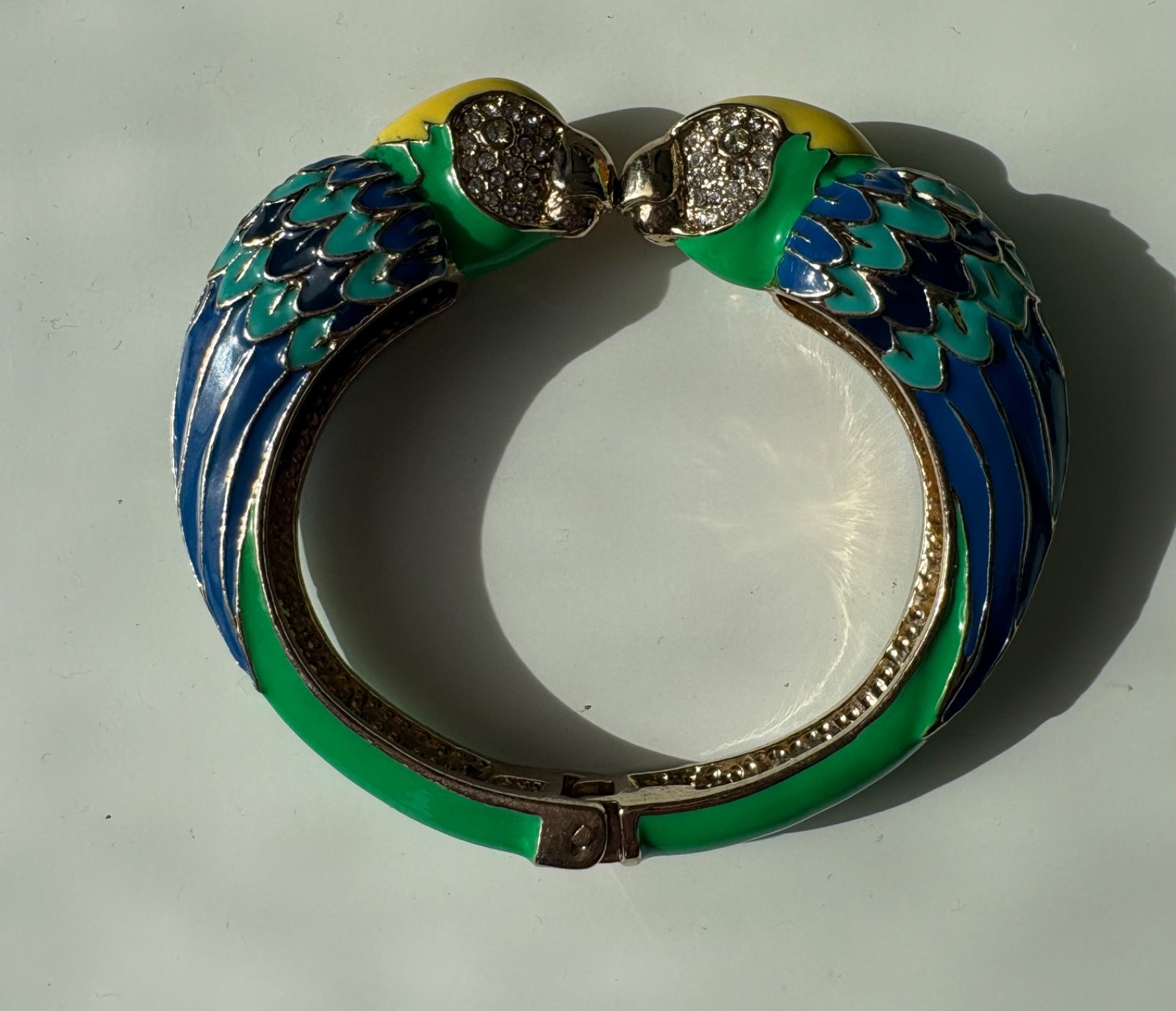 Gold Tone Kissing Parrot Birds Enamel Bracelet Cuff Blue Green Yellow