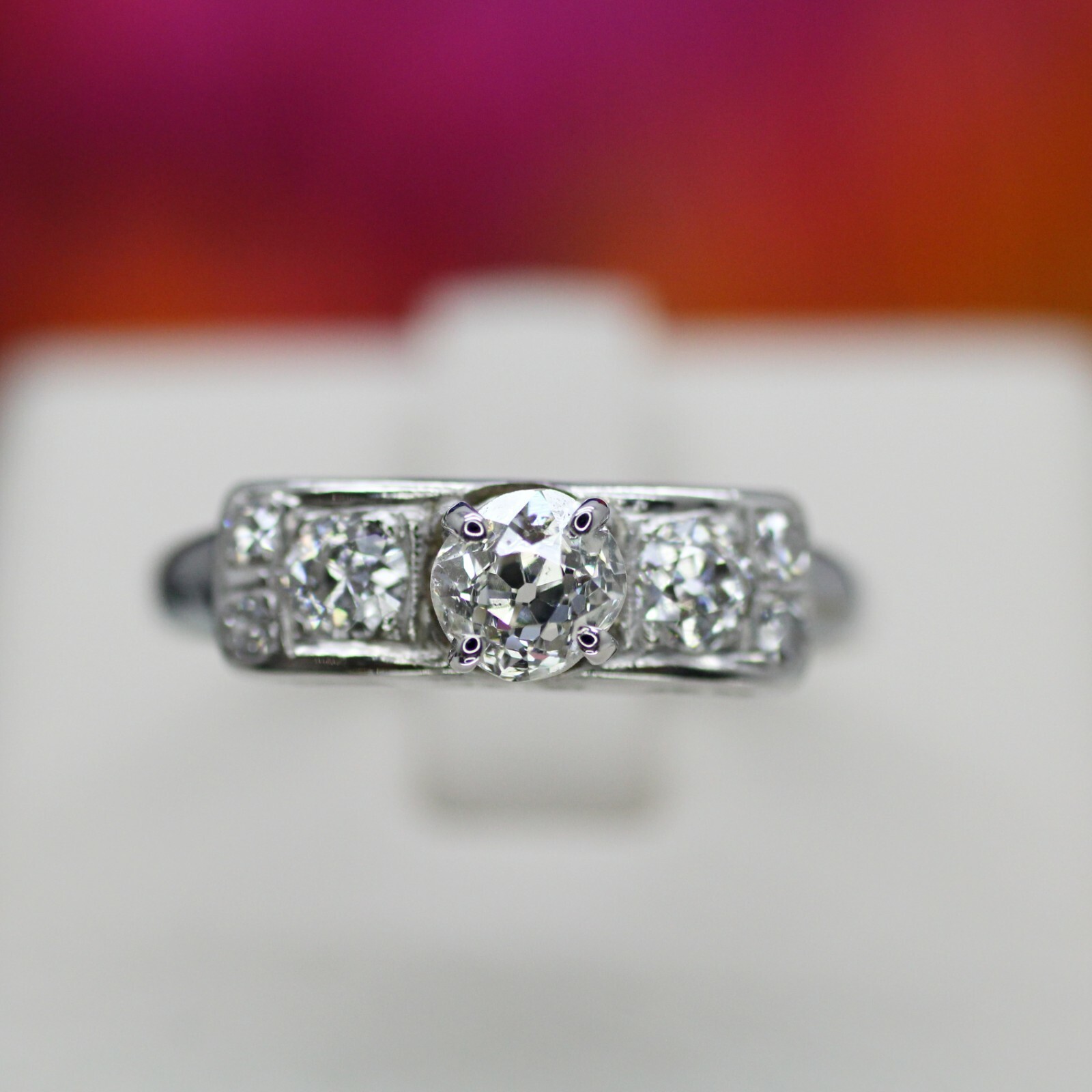14K WHITE GOLD ANTIQUE VINTAGE DIAMOND ENGAGEMENT RING 1.17CTW
