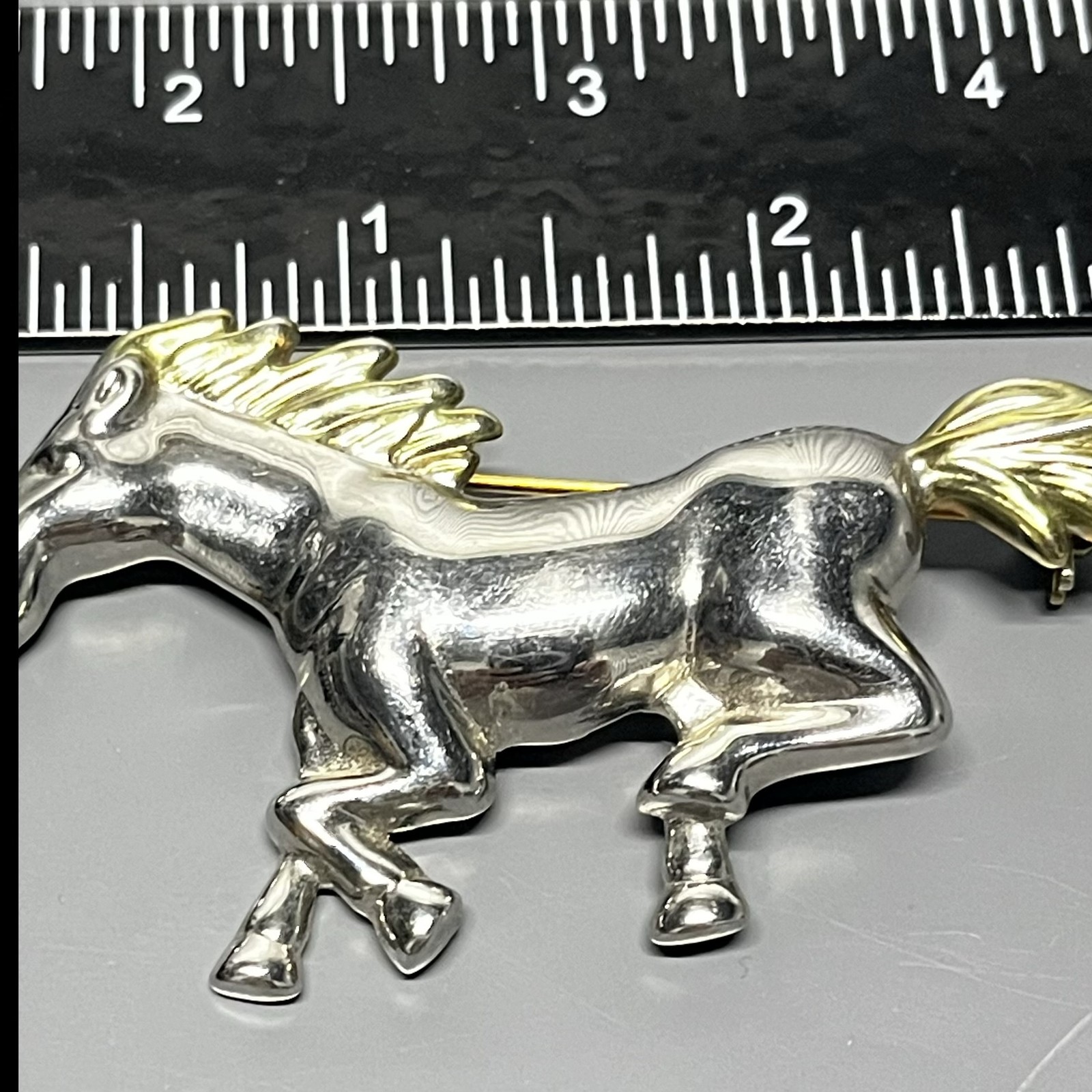 Vintage Running Horse Brooch Pin Silver Tone Gold Mane Tail Animal Jewelry 3.5″