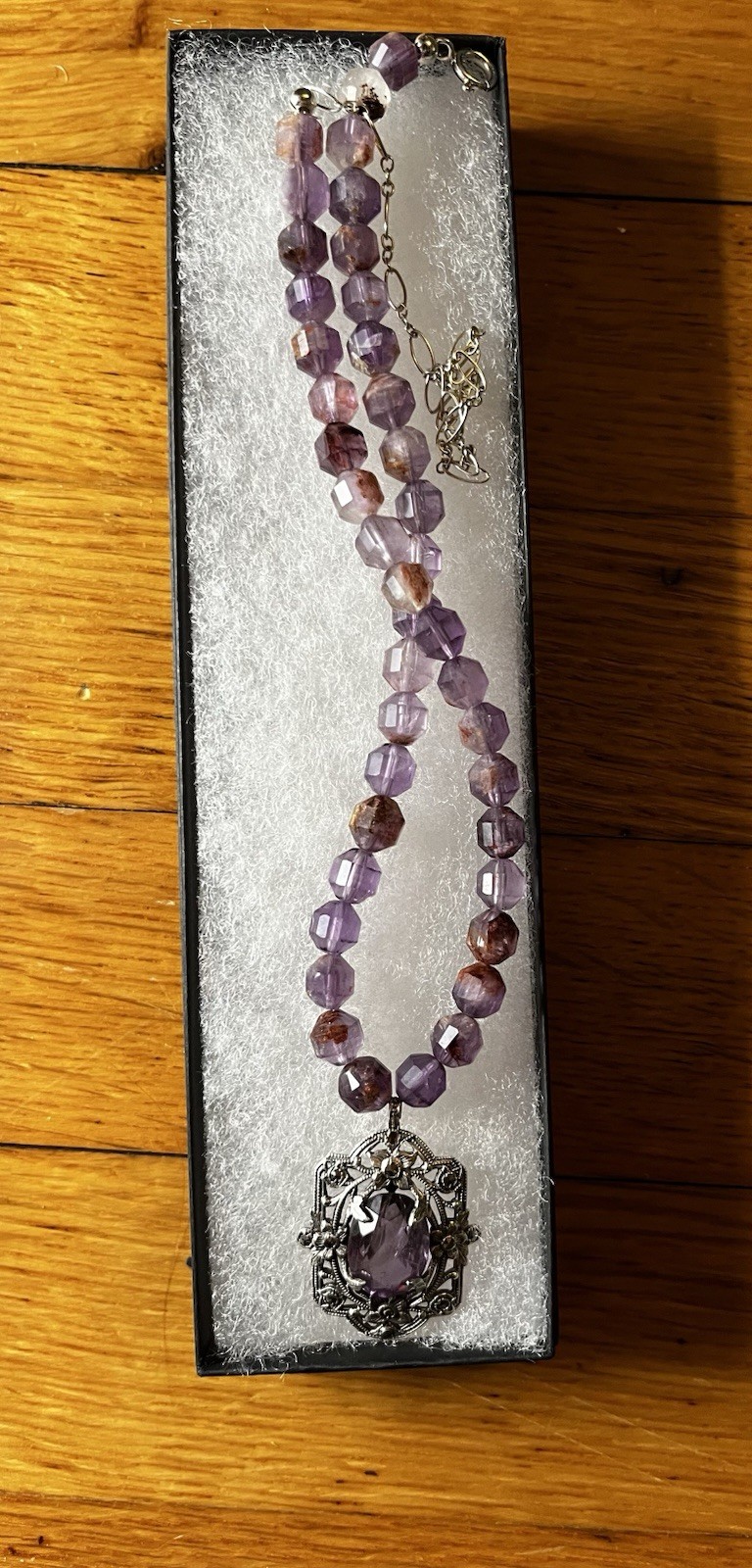 Vintage Sterling Silver Amethyst Art Nouveau Style Pendant On Super Seven Beads