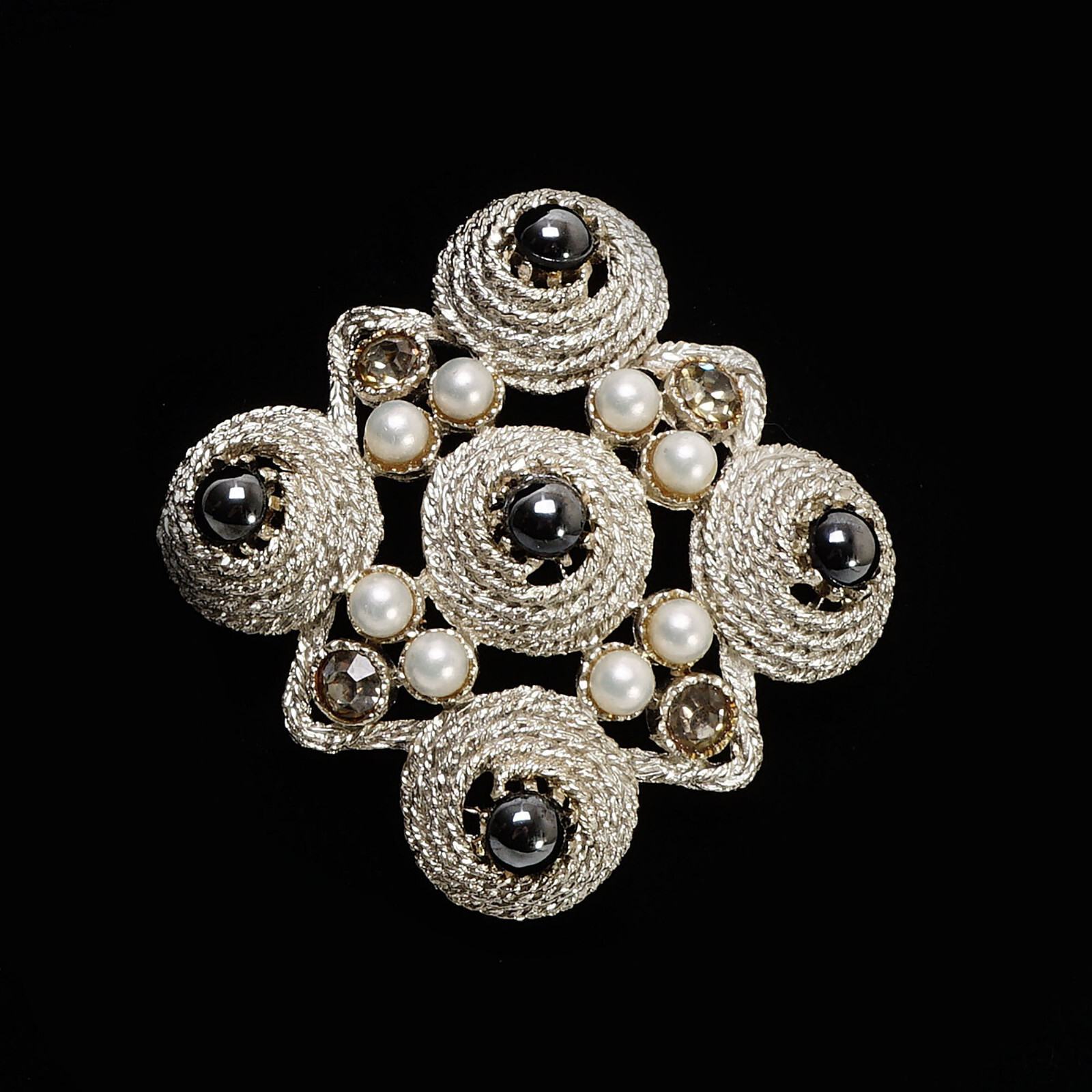 Large Silver Tone Lapel Brooch w Pyrite, Gray Crystals and Faux Pearls 2 1/4″