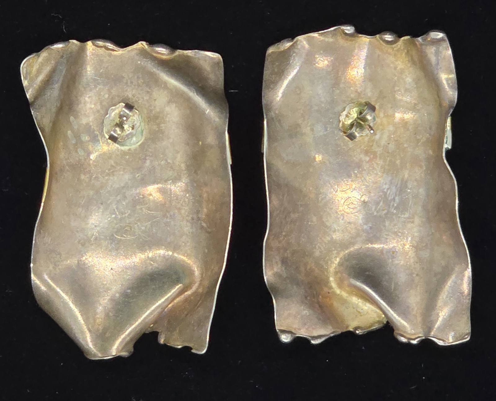 Big Vtg Signed Mixed Metal Sterling Silver Brass Brutalist Pierced Earrings