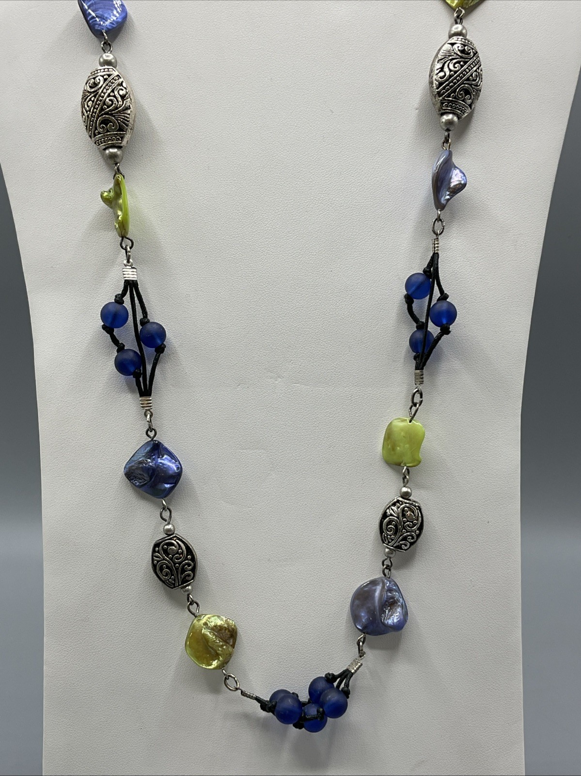 38” Designer Signed Coldwater Creek Silvertone Blue Green Shell Bead Necklace