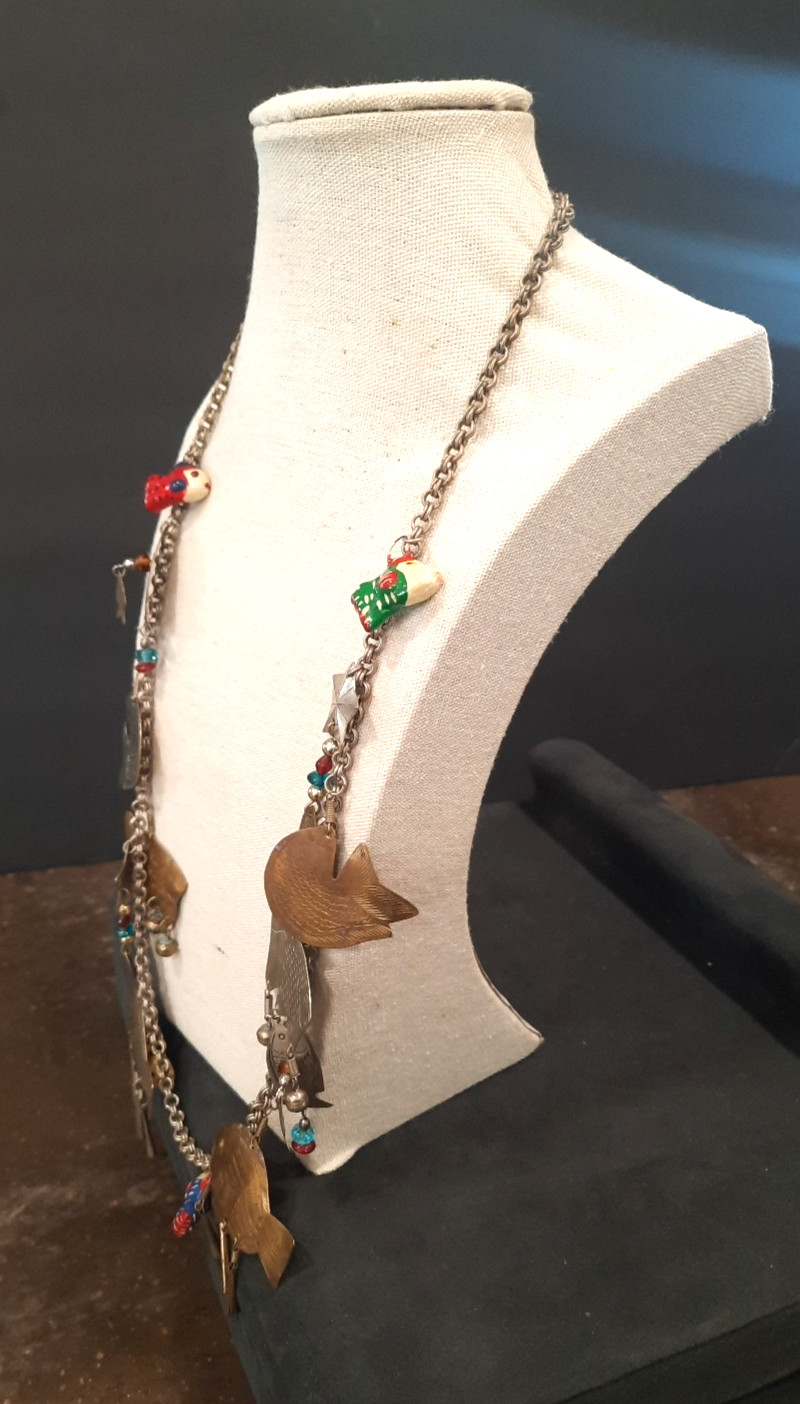 Vintage Eclectic Charm Necklace Fish Star Beads Mixed Metal 28” Long