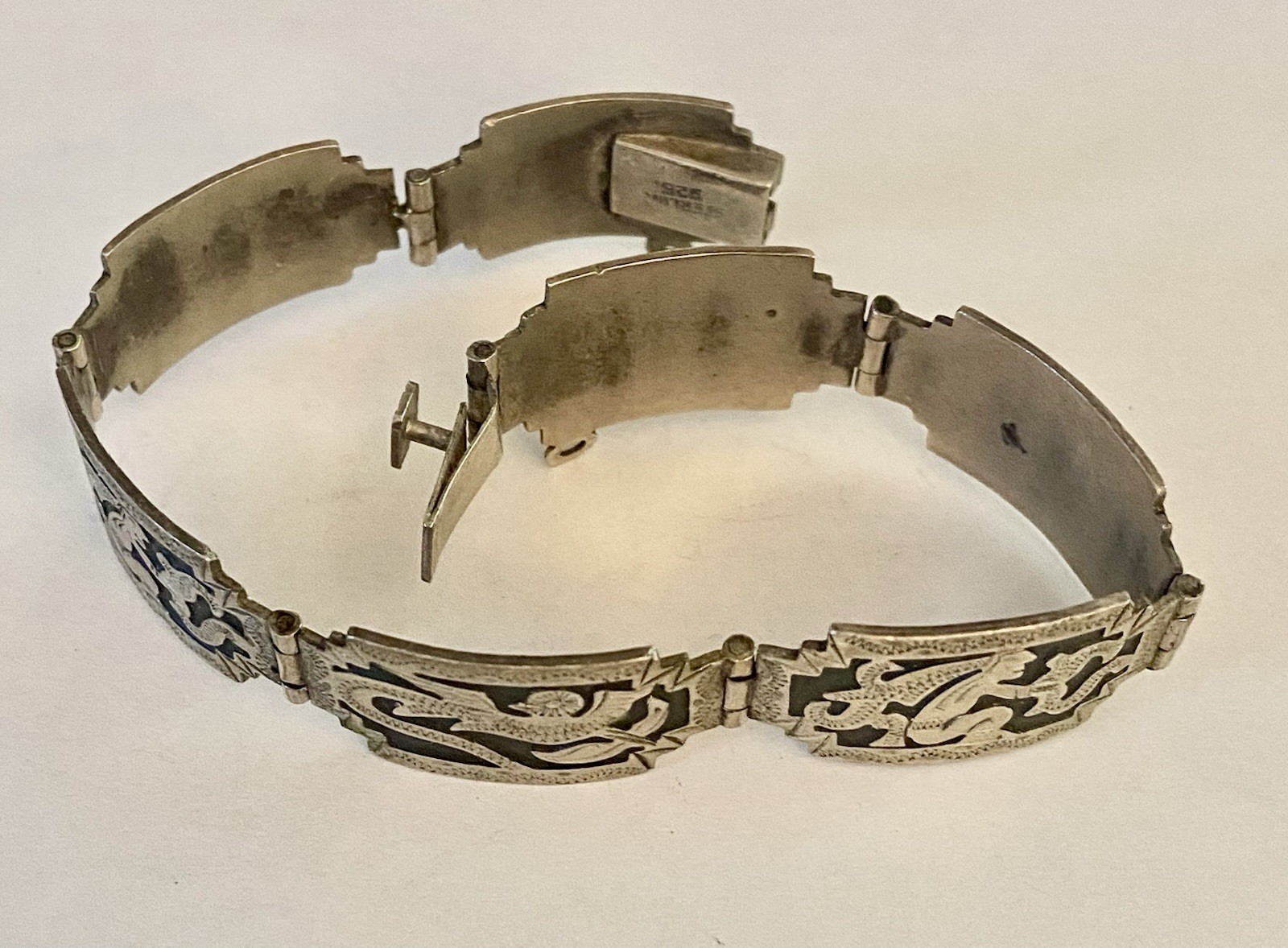 Antique Handmade Silver 925 Guatemala Geometric Link Bangle Bracelet