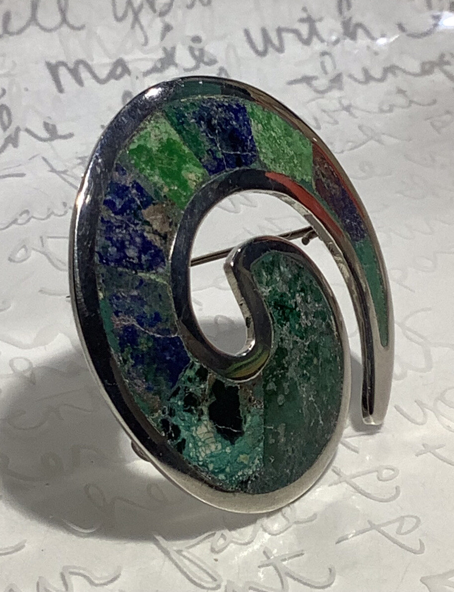 Modernist LOS CASTILLO Handmade 925 Ster Azurite Mosaic Aztec Swirl Brooch 10.5g