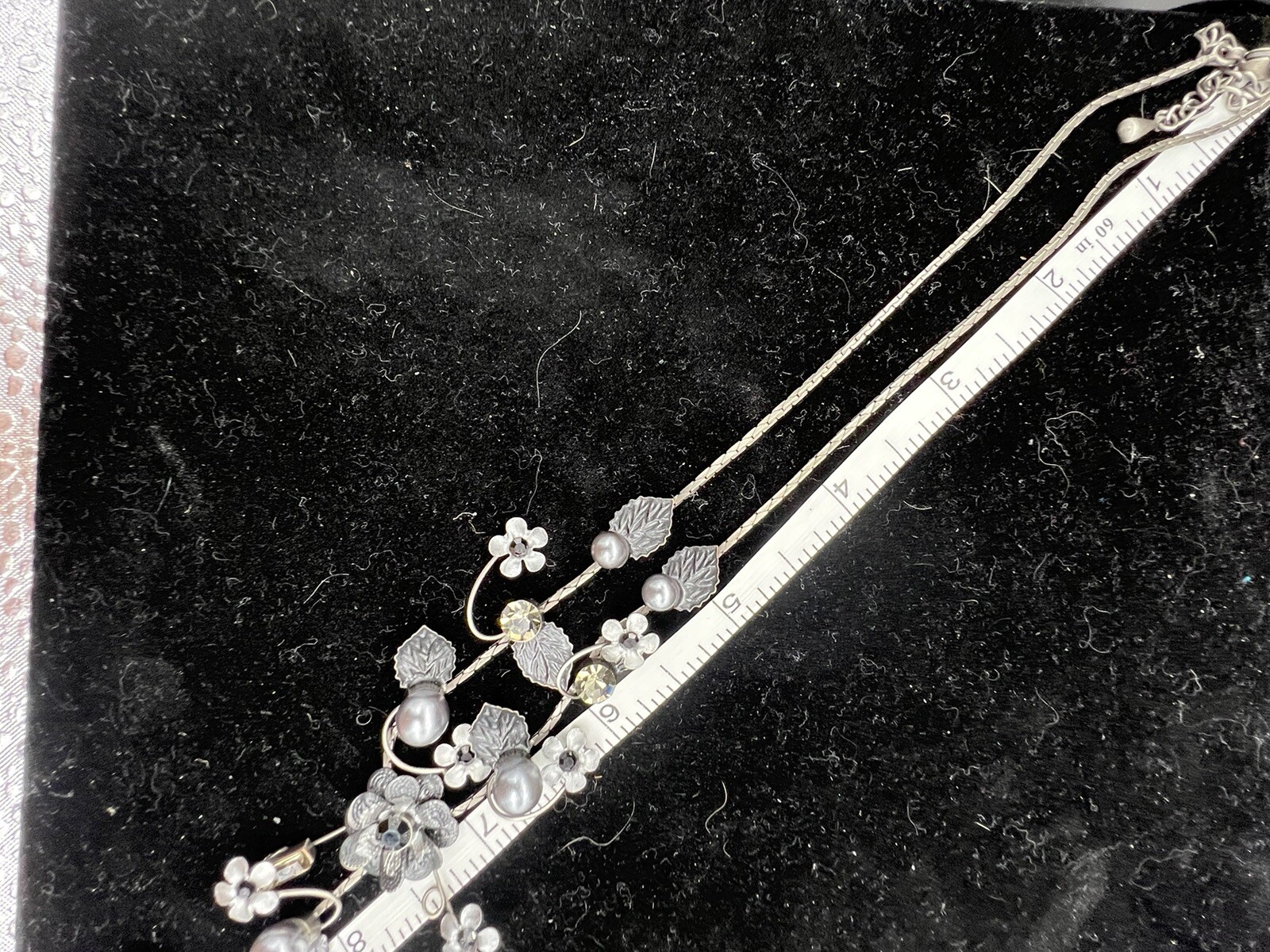 Vintage Sterling Silver, Faux Gray Pearl And Crystal Necklace, Black Flowers
