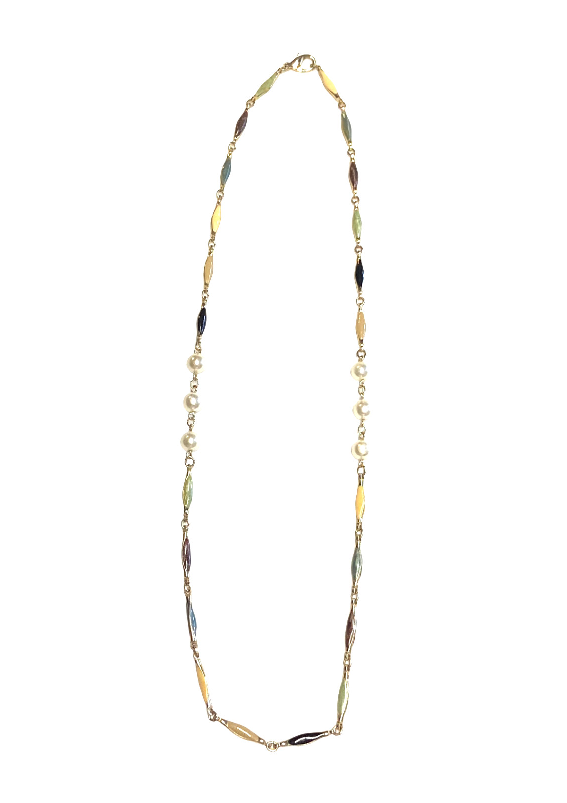 Vintage Gold Tone Multicolor Enamel Bar Link Elliptical Faux Pearl Necklace 25″