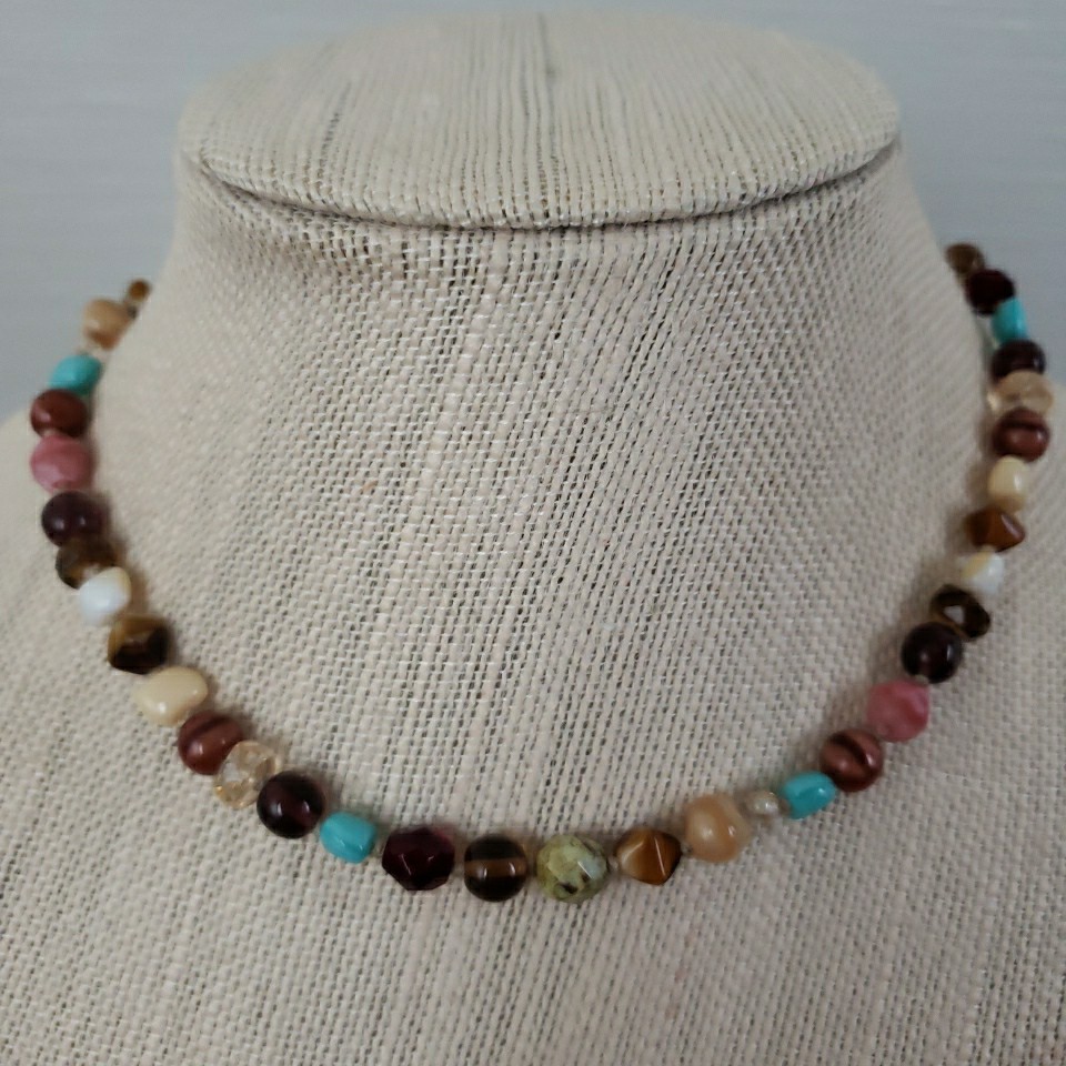 VTG Multi Polished Gemstone Necklace 16.5″ Knotted Faceted Glass Agate