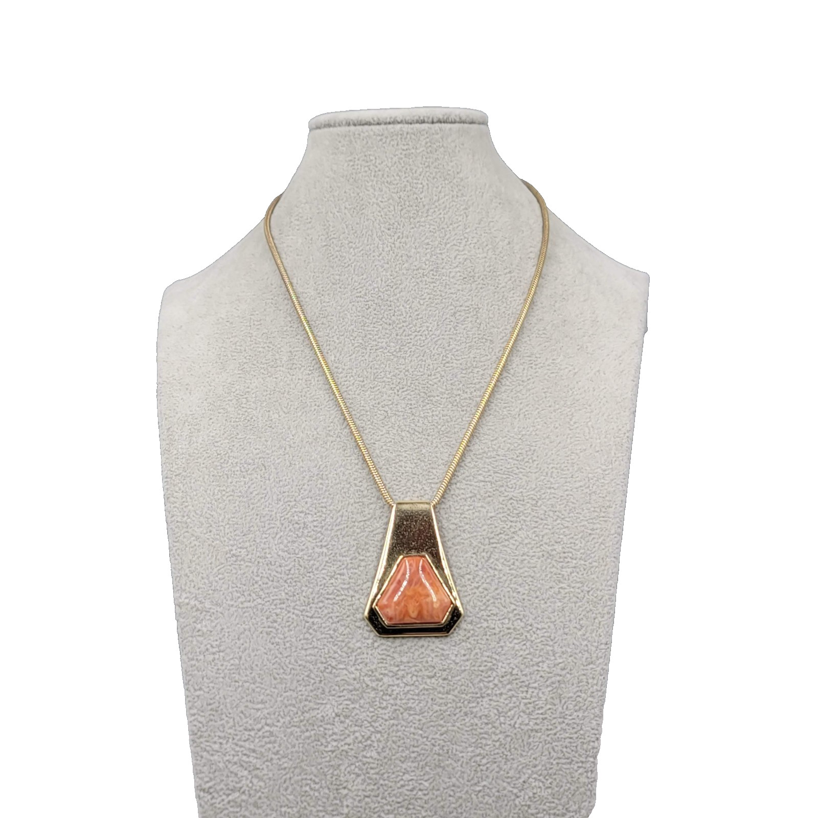 Vintage Whiting and Davis Marbles Orange Stone Pendant Necklace Gold tone 18″