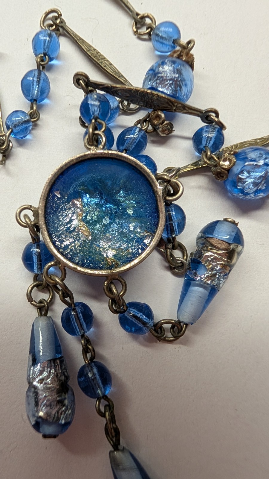 Vintage Czech ART DECO sky blue & silver foiled glass bead dangle drop necklace