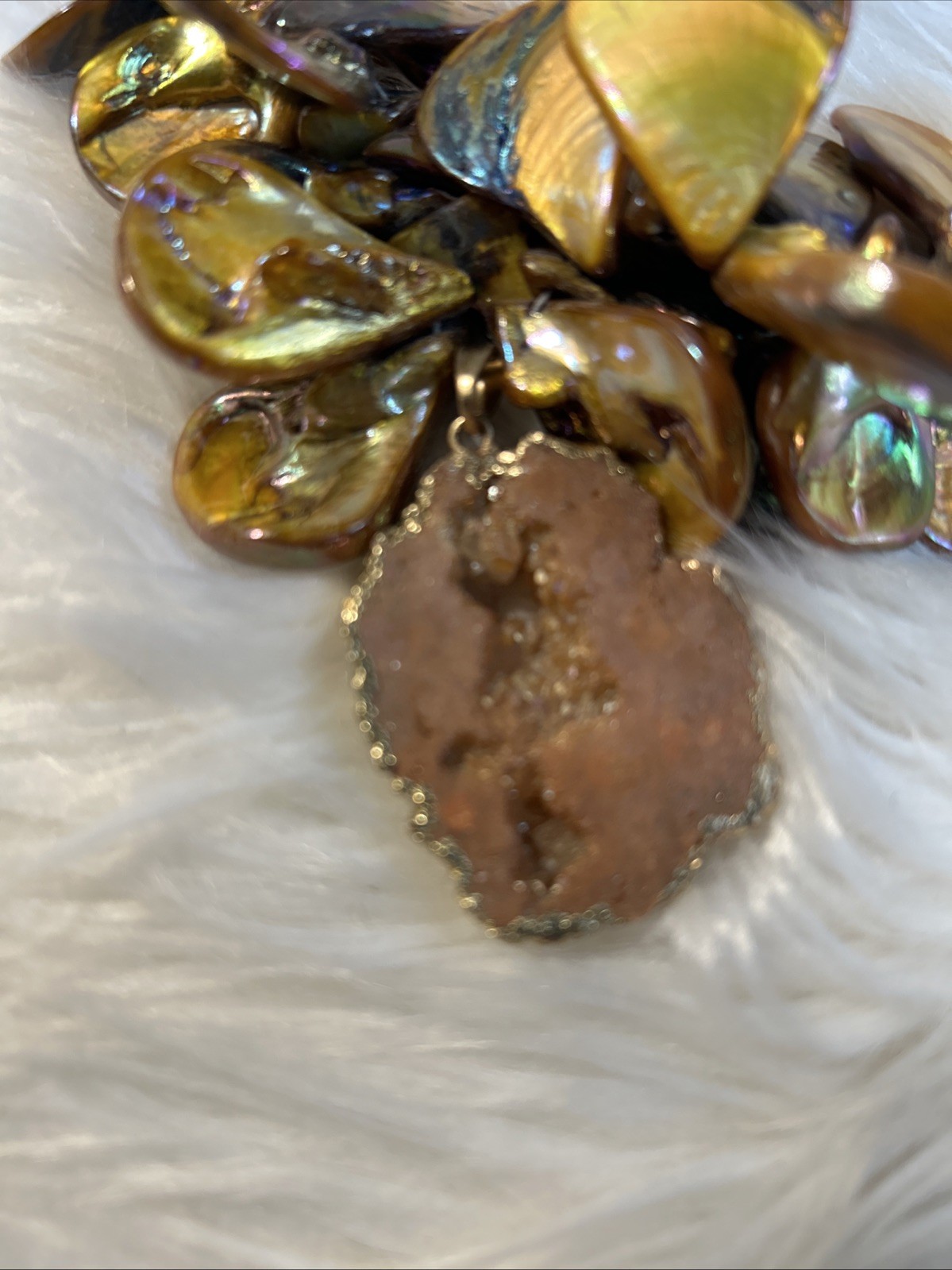 Statement Necklace Amber Abalone Shells W Geode Crystal Handmade! Quality Made!