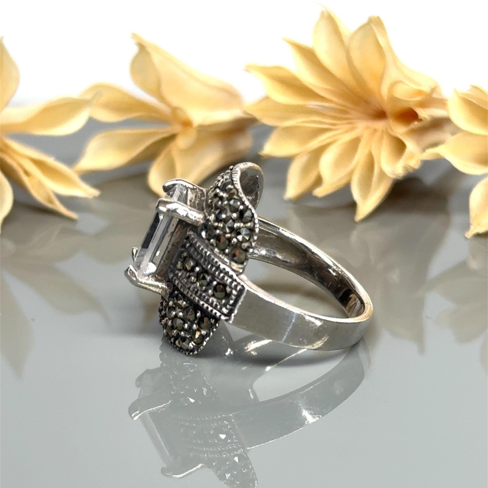 Emerald Cut CZ and Marcasite Sterling Silver Engagement Ring – Size 7.5