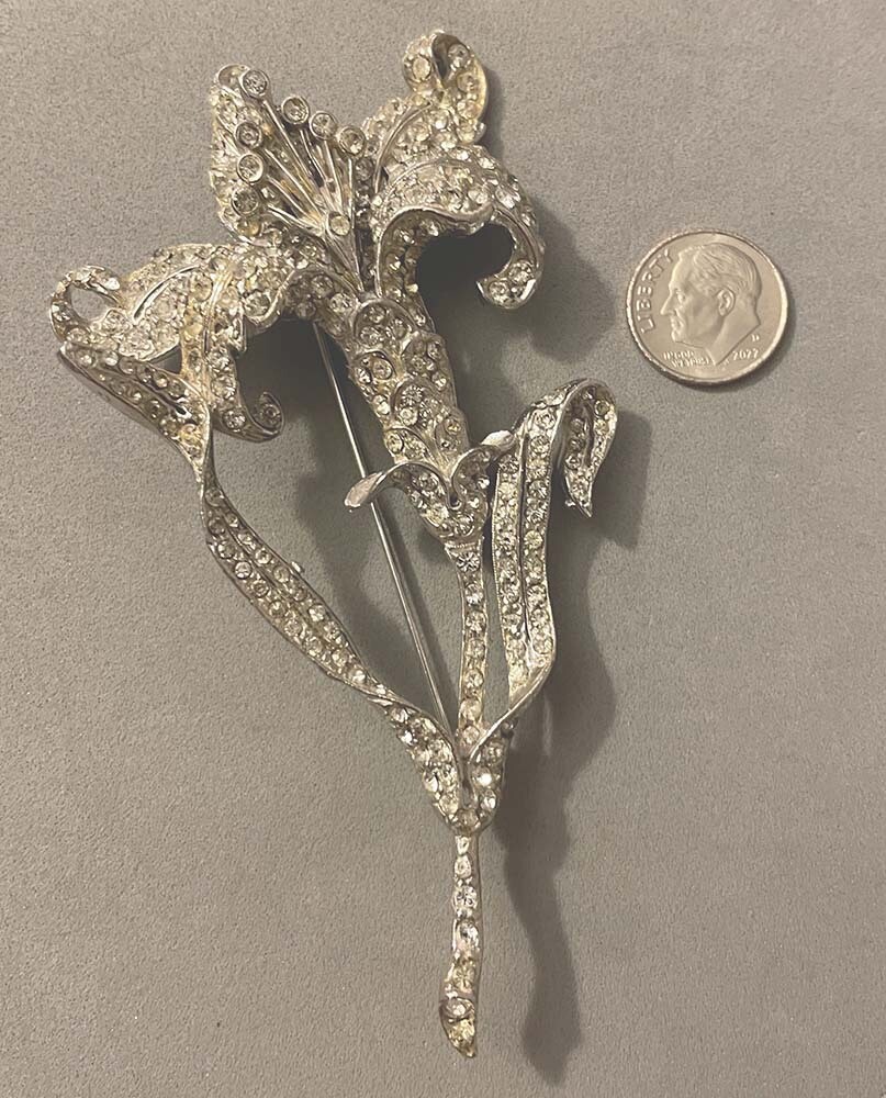 Huge Vintage REINAD Rhodium Pave Rhinestone Tiger Lily Flower Pin Brooch 4.25″
