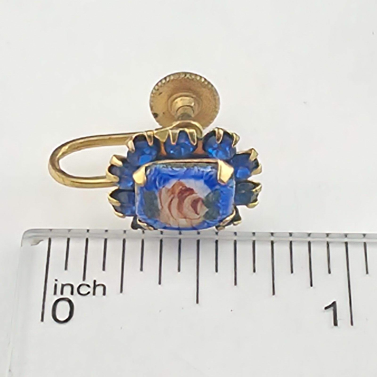 Lil 12mm Vintage Royal Blue Guiloche Enamel Rose Rhinestone Screw Back Earrings