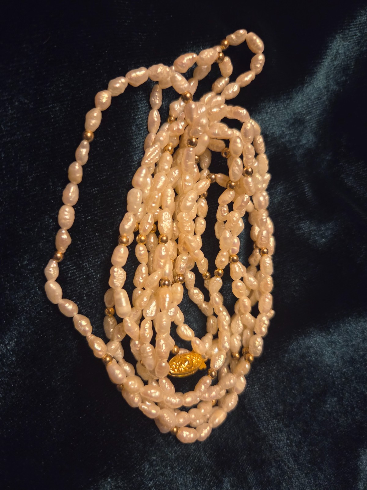 Vintage 3-strand rice pearl necklace with gold tone beads fish hook clasp