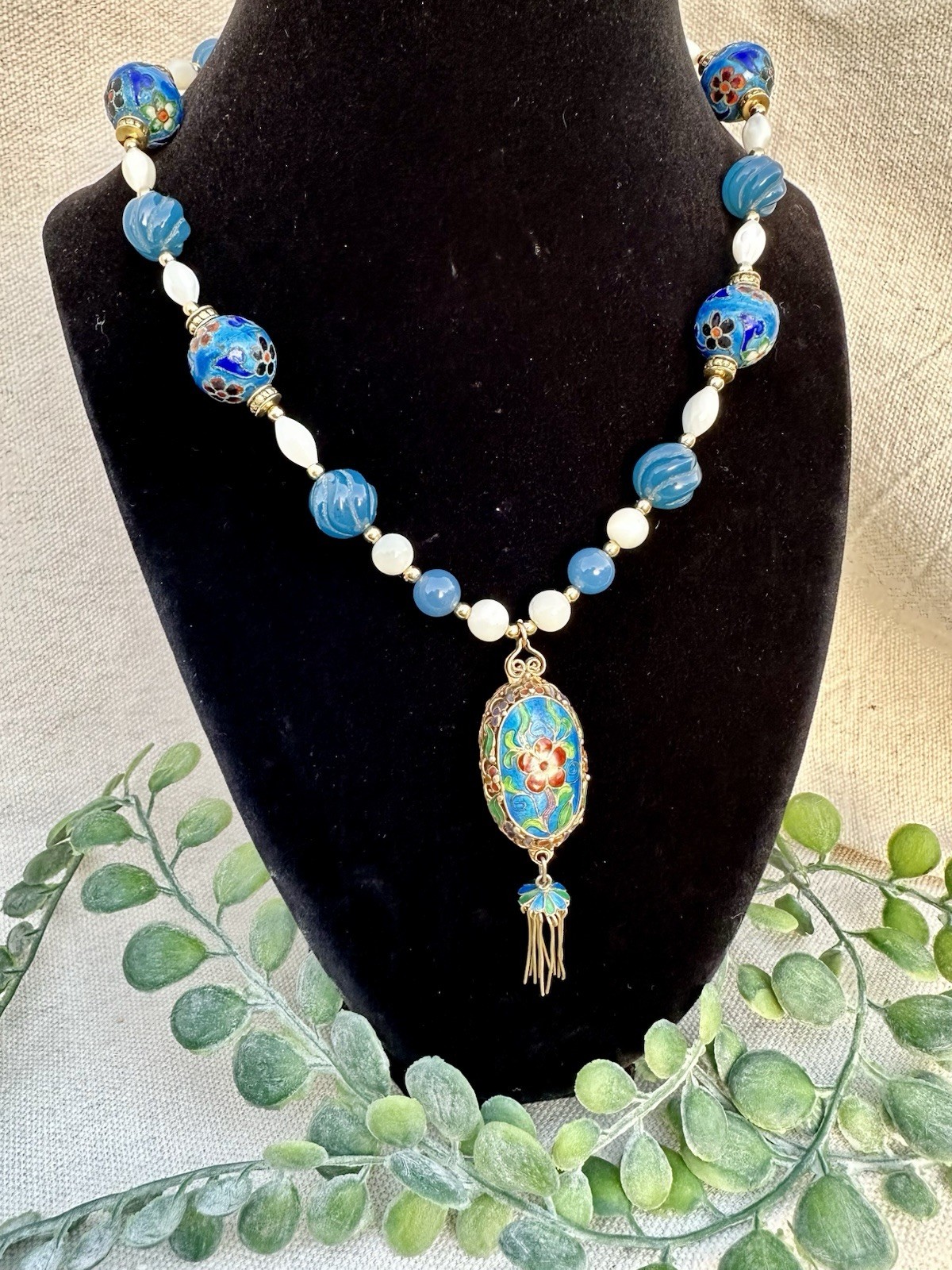 36” Vtg Cloisonné Pendant Tassel Beaded Necklace Mother Of Pearl Chinoiserie
