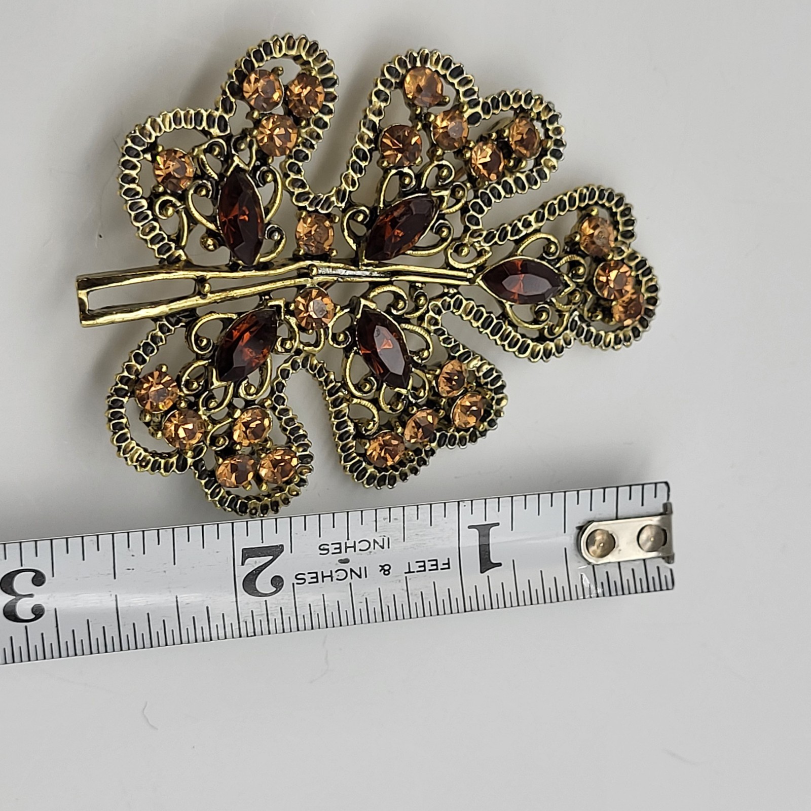 Lovely vintage large earthtones rhinestone brooch pin leaf Boho MCM