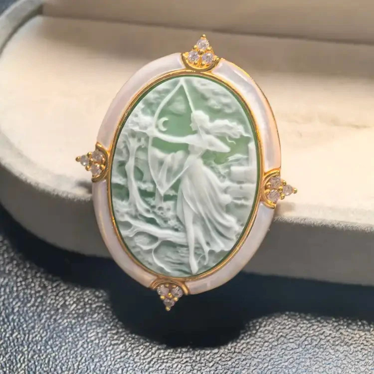 925 silver green Athena Agate cameo brooch pendant vintage estate jewelry