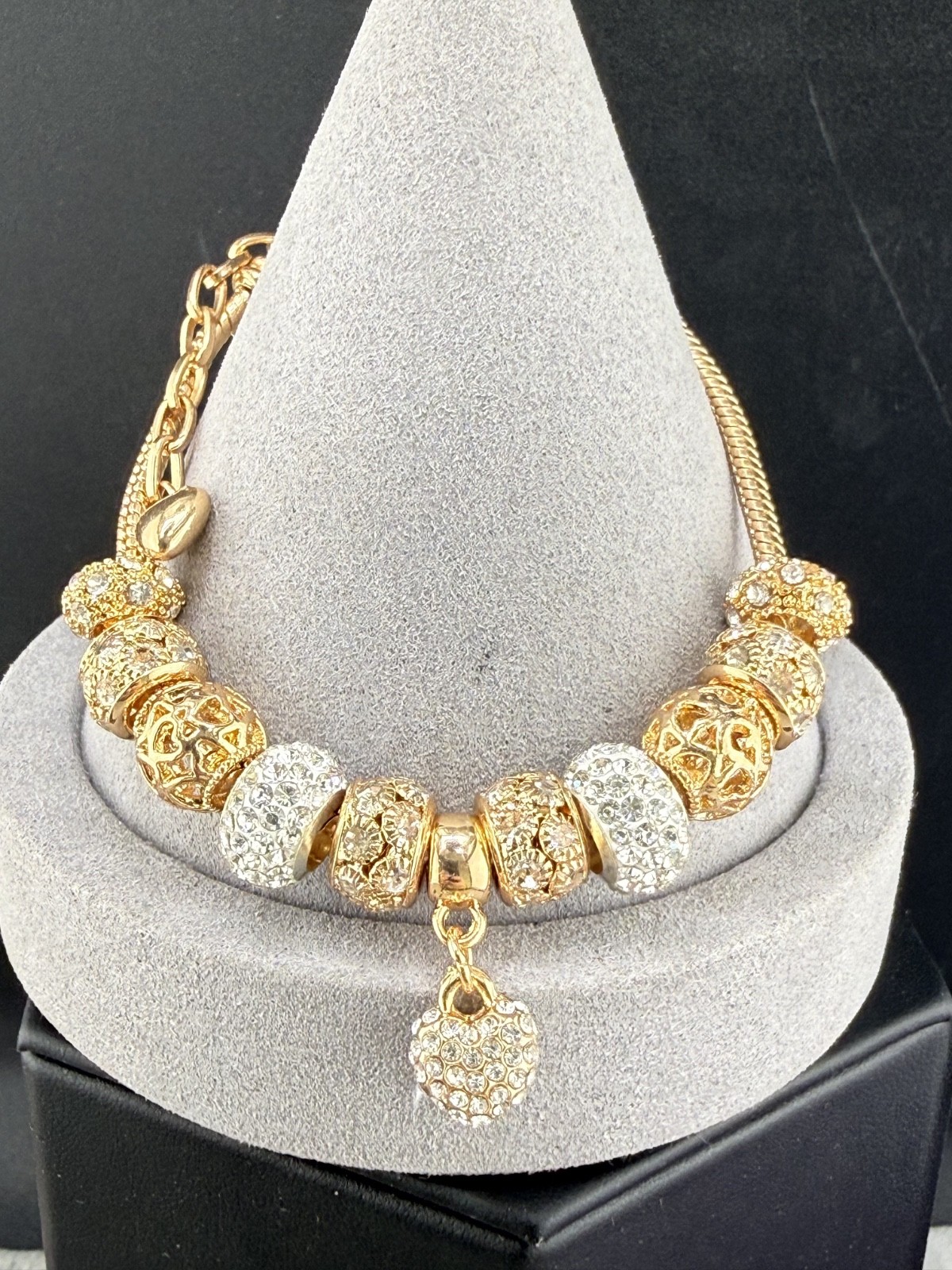 Slide Charm Bracelet Gold Tone Rhinestone Heart Love 7”