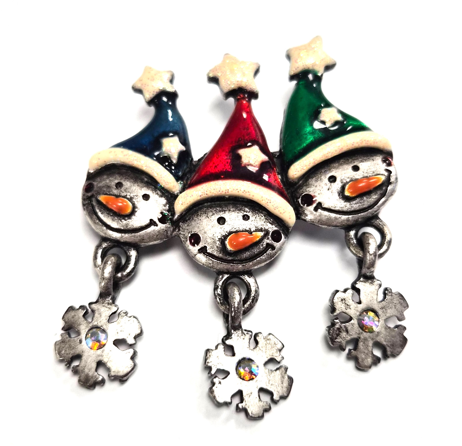Vintage 90’s Signed AJMC Snowmen W/ Dangle Rhinestone Snowflakes Pin / Brooch