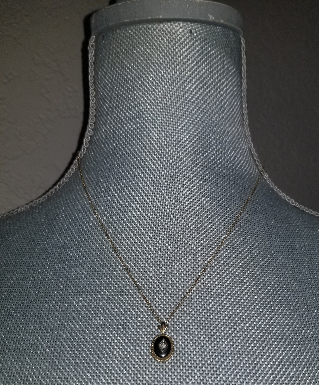 Antique Victorian Onyx And Diamond? Mourning 14k Gold Filled Pendant Necklace