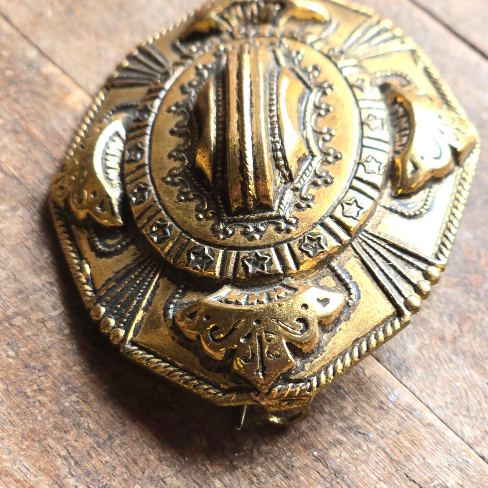 Antique Victorian Revival Gold Tone Ornate Brooch Eastlake Style Statement Pin