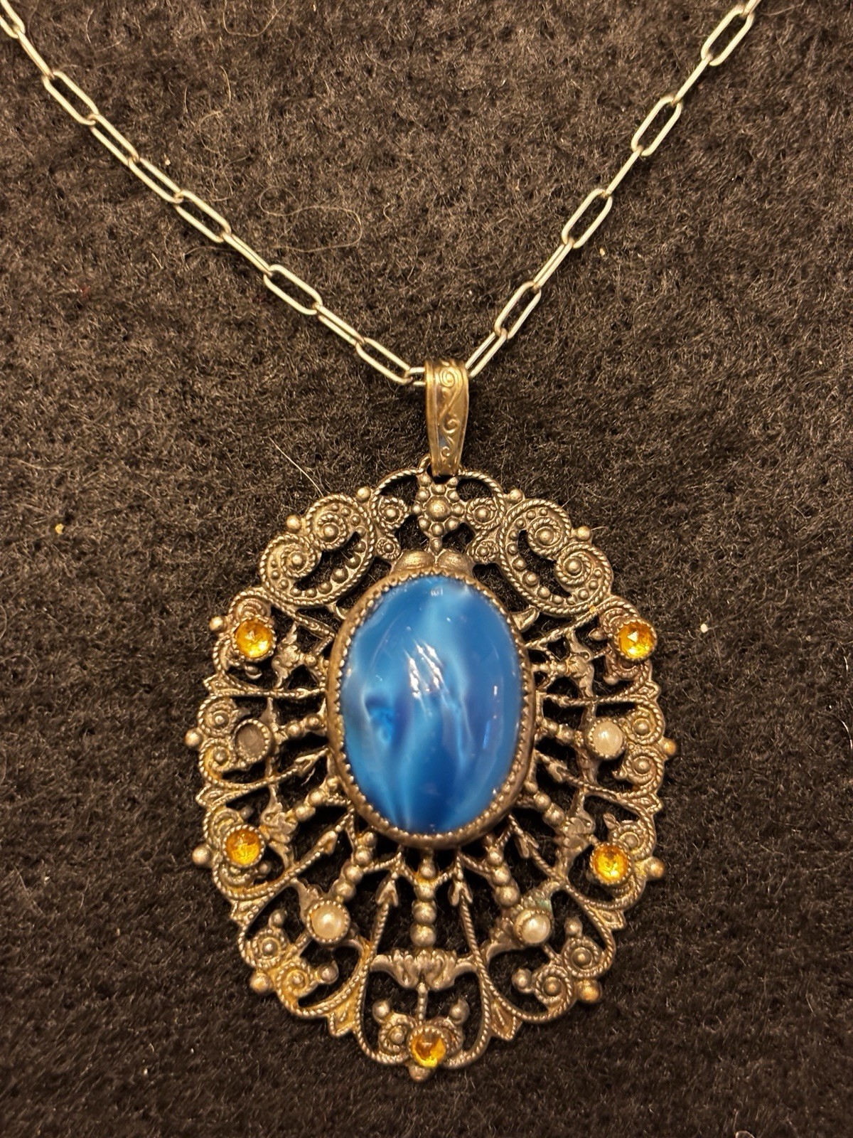 RARE VTG ART DECO GERMAN? SILVER TONE BRASS BLUE STONE BURST NECKLACE *9.8 gm*
