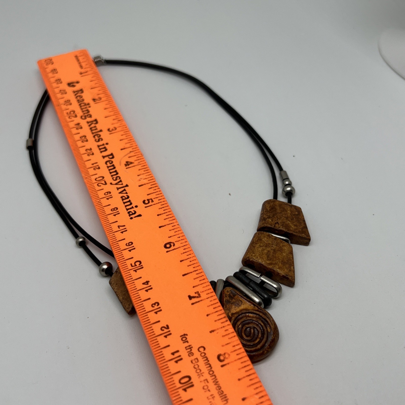 Vintage Brown Earthy Ceramic Beaded Leather Cord 16” Necklace 8294