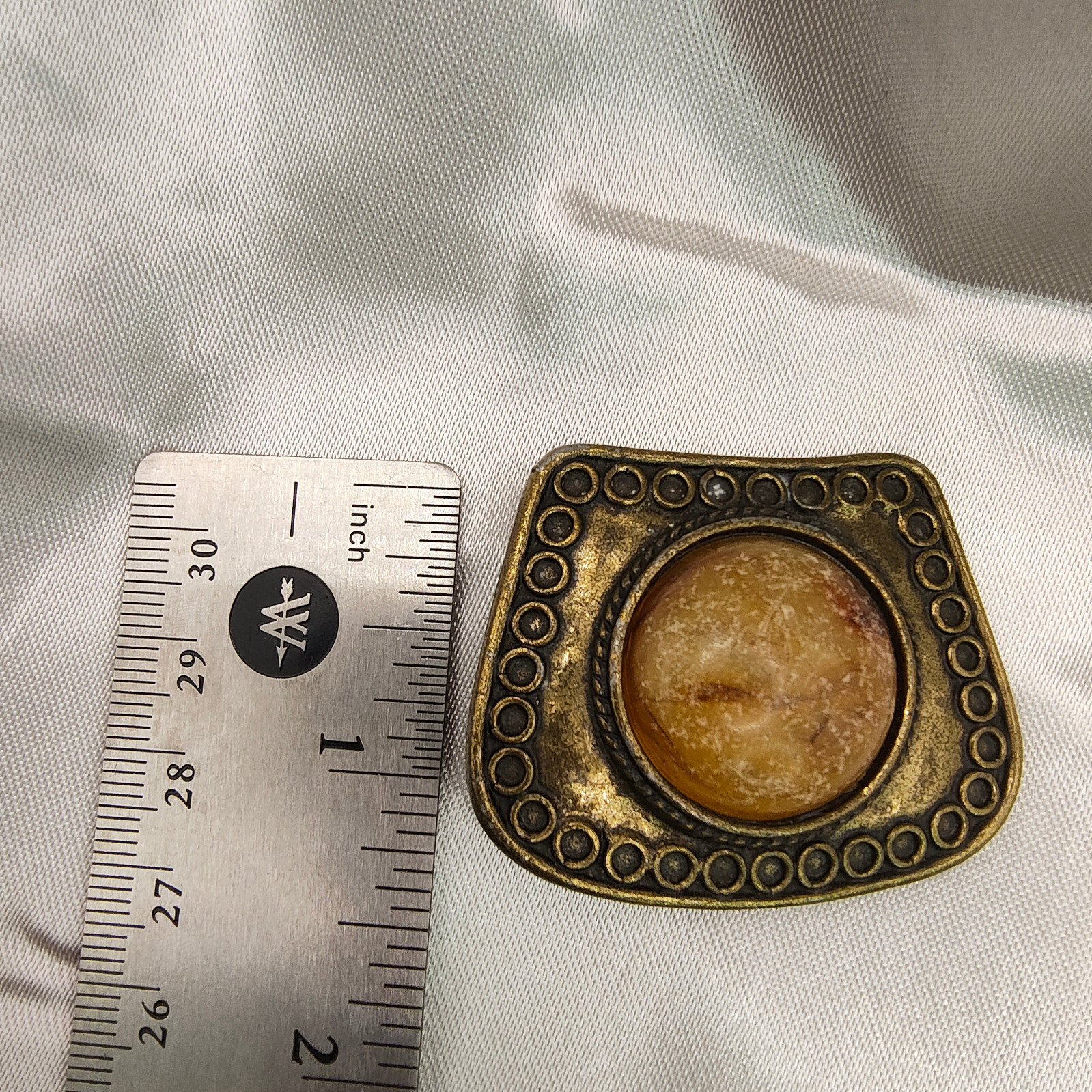 VTG Brutalist Earrings Clip On Brass Plated Unpolished Stone Ornamented Border