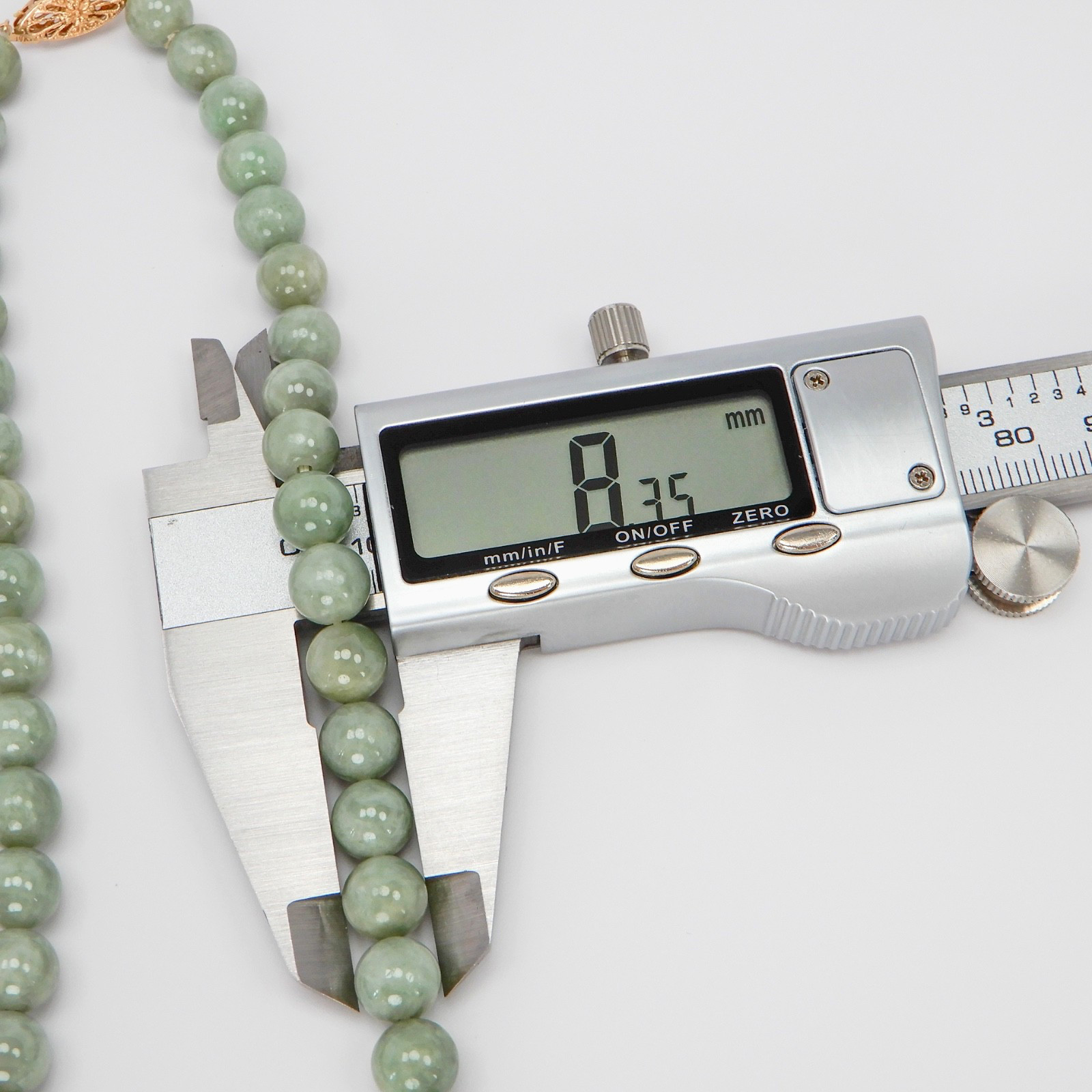 Green Jade Jadeite 8mm Bead Necklace 17” 14K Filigree Clasp 52.9g