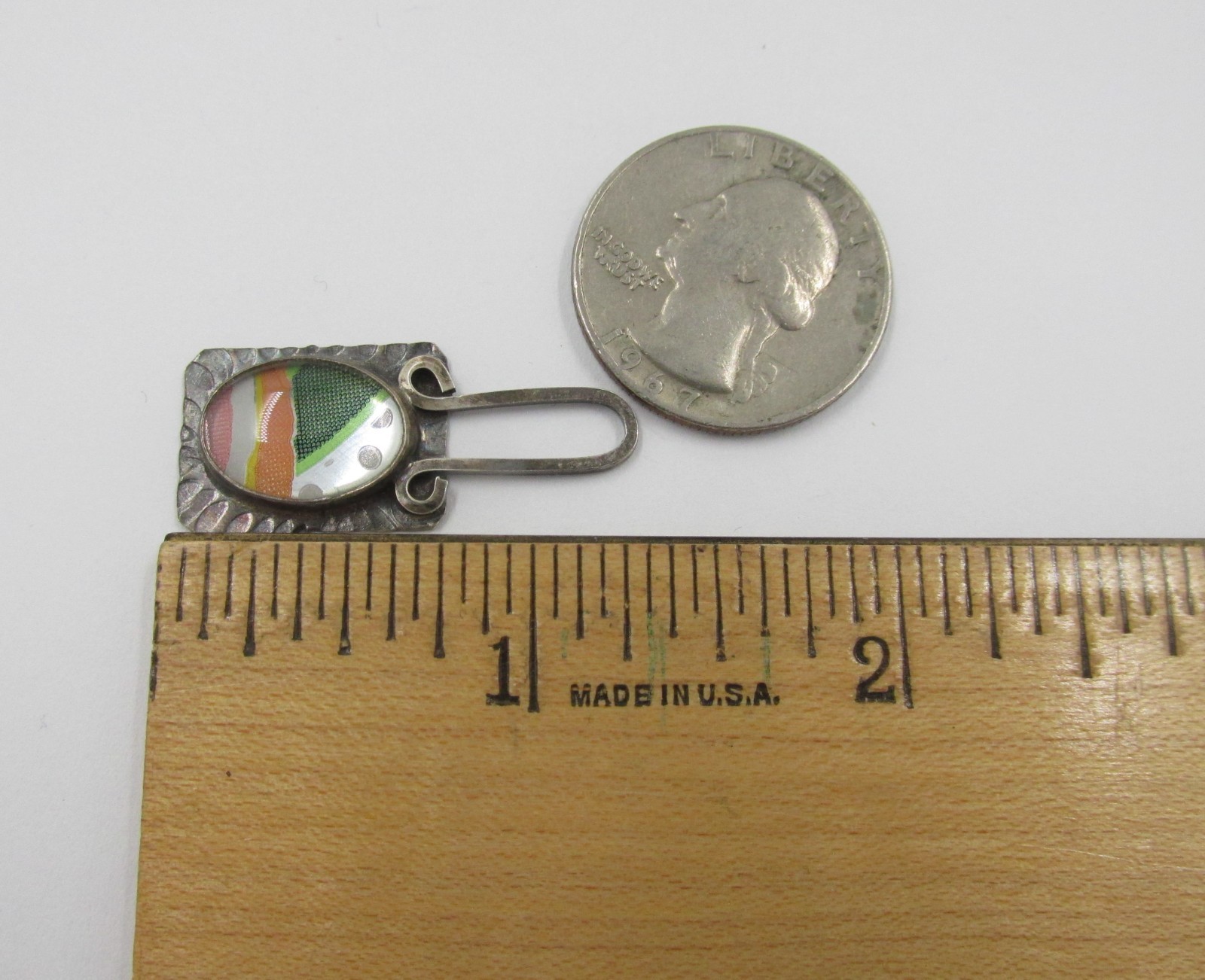 Sterling Silver Pendant Glass Domed Top Abstract Design Artisan Vintage Signed