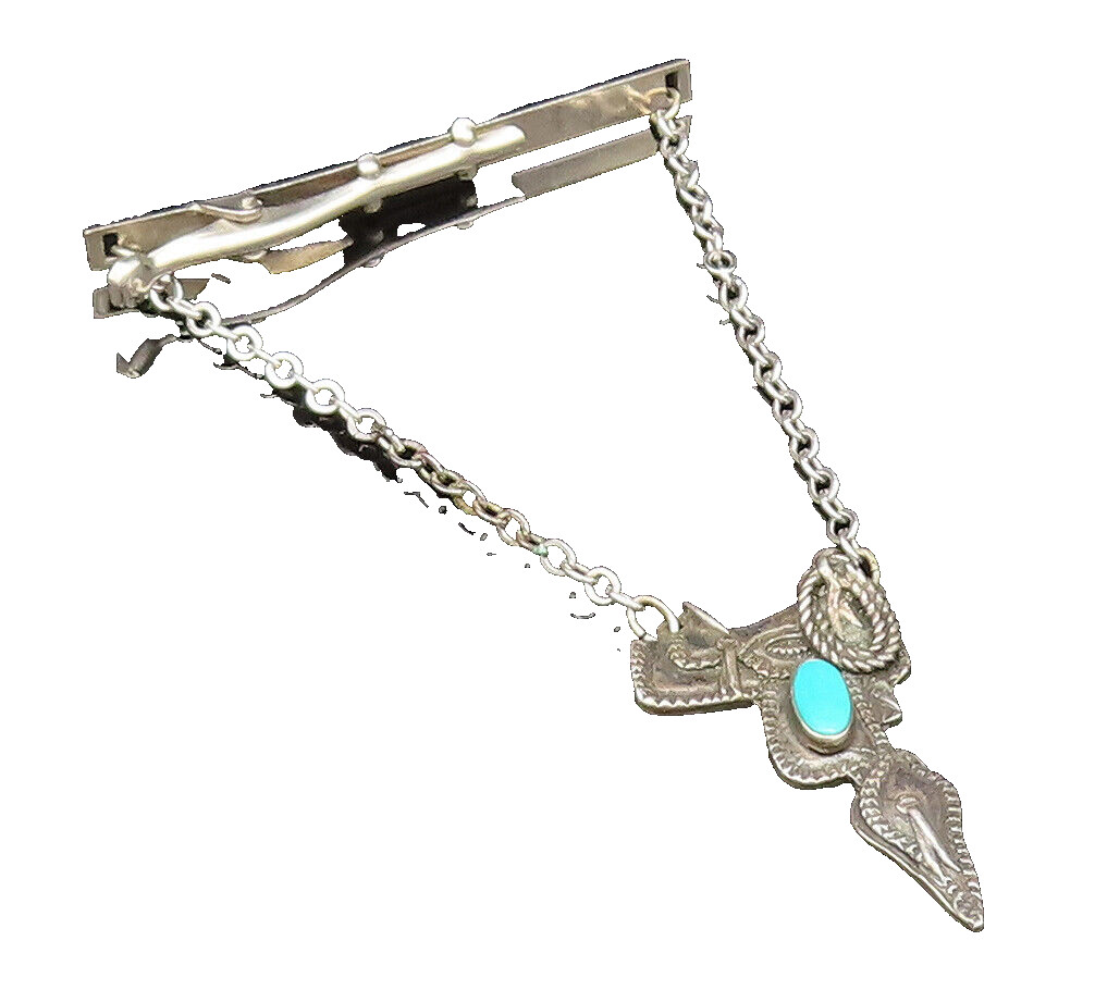 SOUTHWESTERN 925 Sterling Silver Vintage Etched Turquoise Saddle Tie Clip TR3382