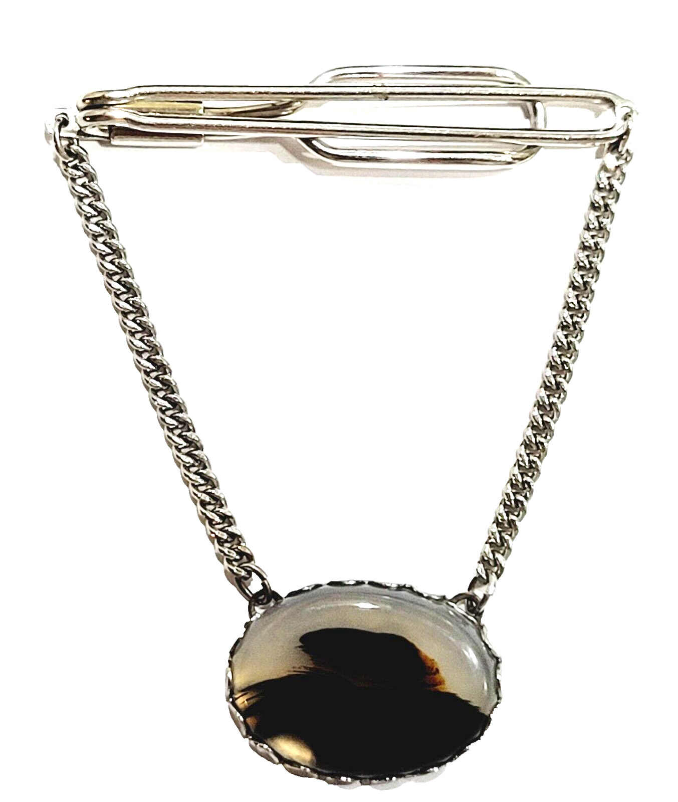 Agate Oval Cabochon Brown Shades Silver Tone Fancy Tie Bar Clip Clasp with Chain